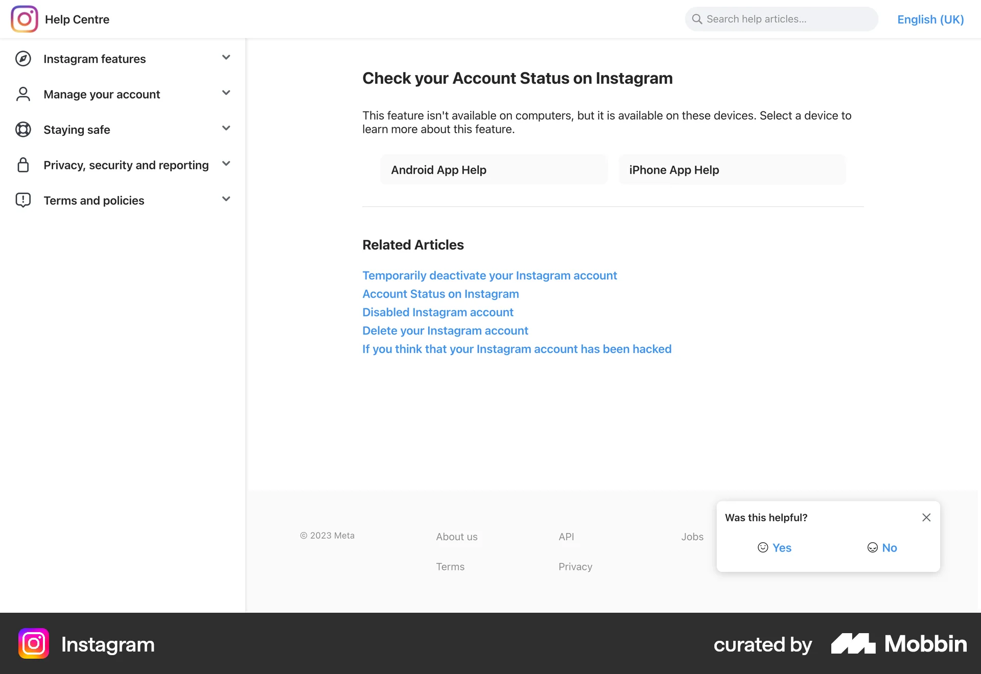 Instagram Web Feedback screen