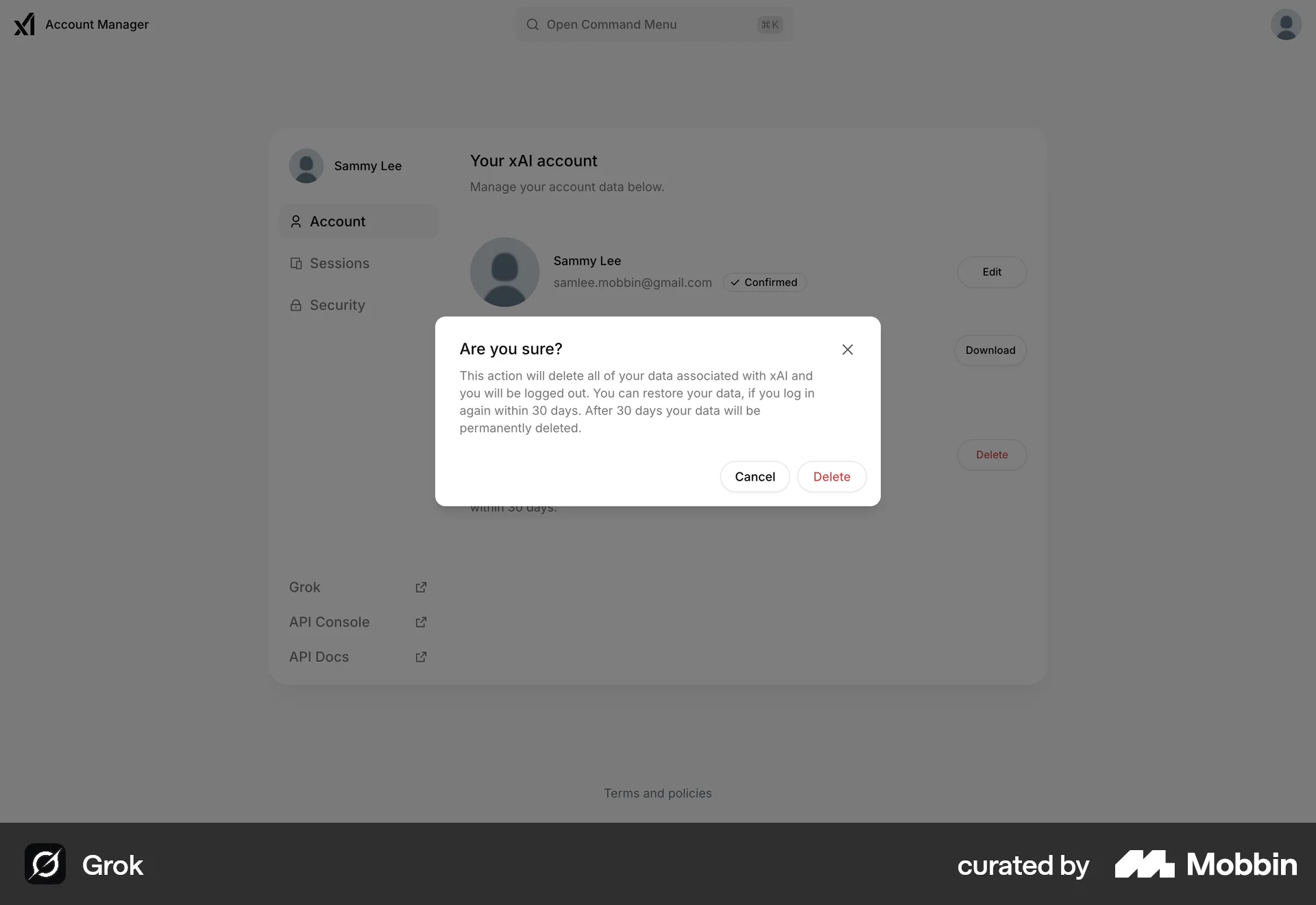 Grok Web Confirmation screen