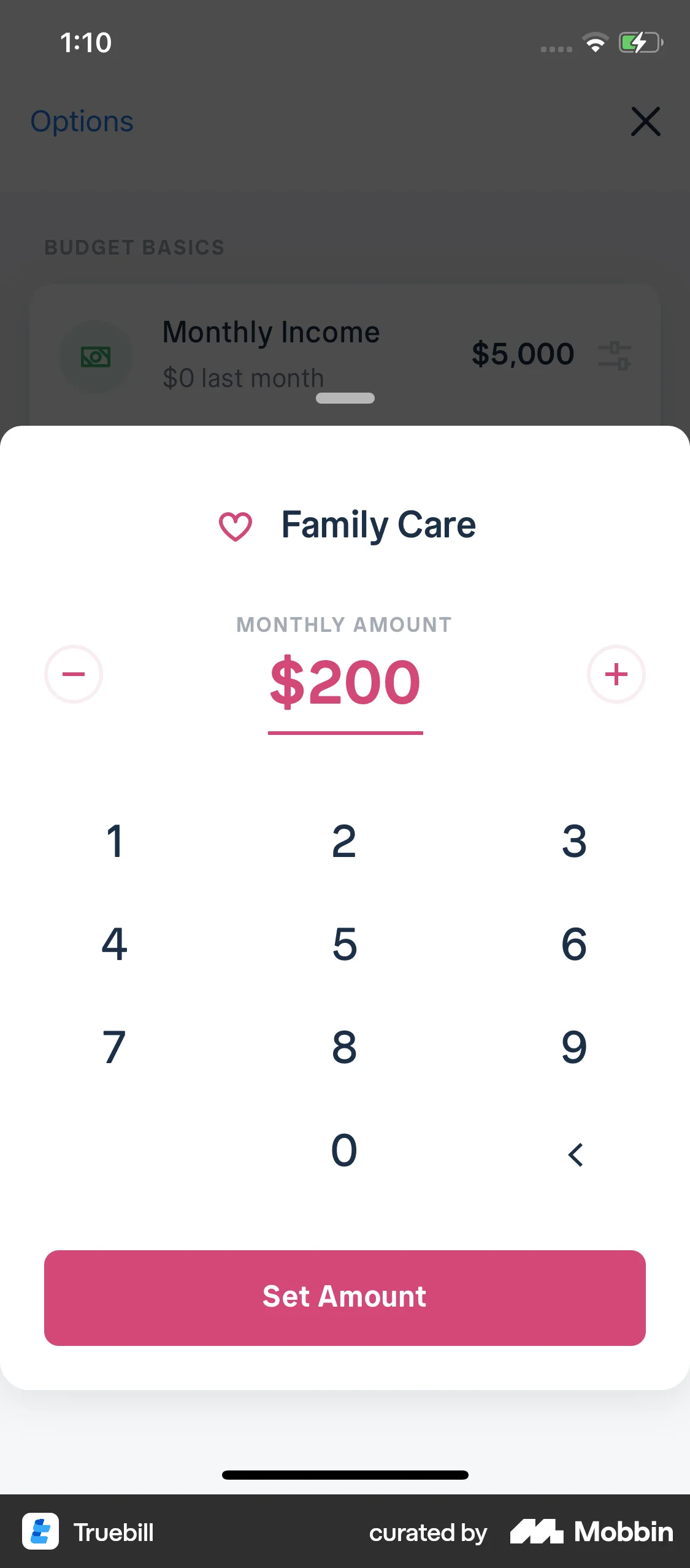 Truebill iOS screen containing Stepper UI element