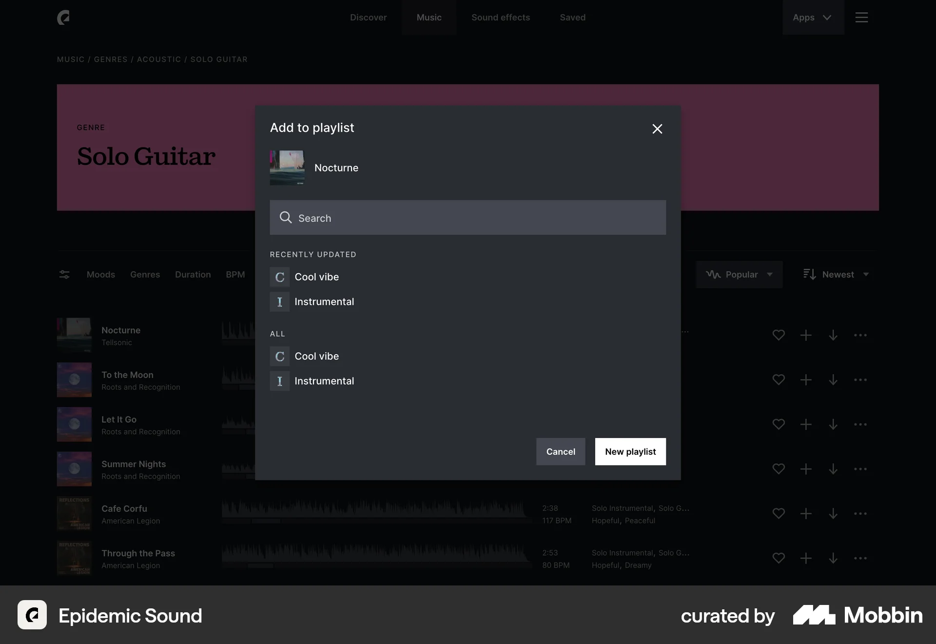 Epidemic Sound Web Save screen