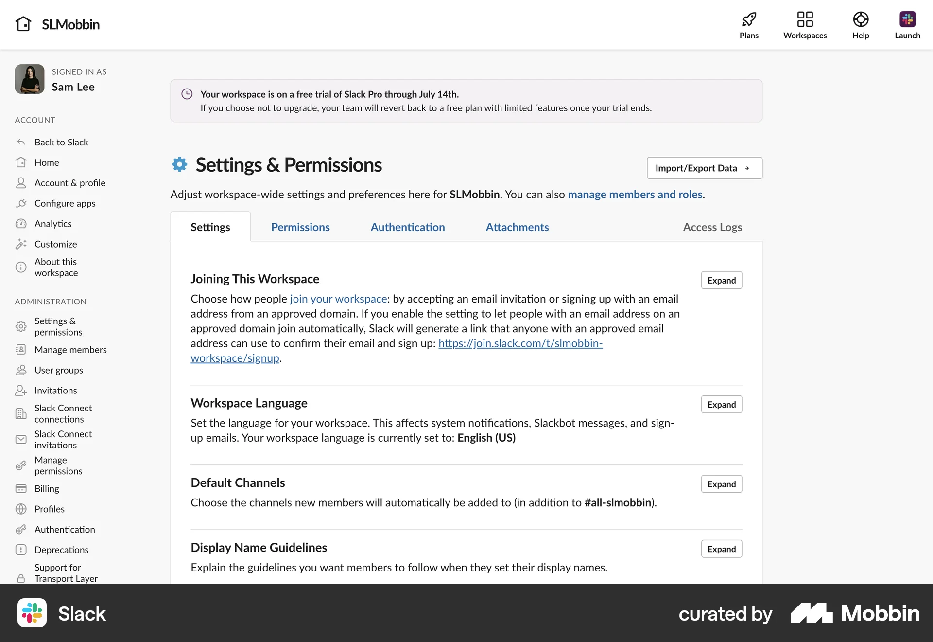 Slack Web screen containing Side Navigation UI element