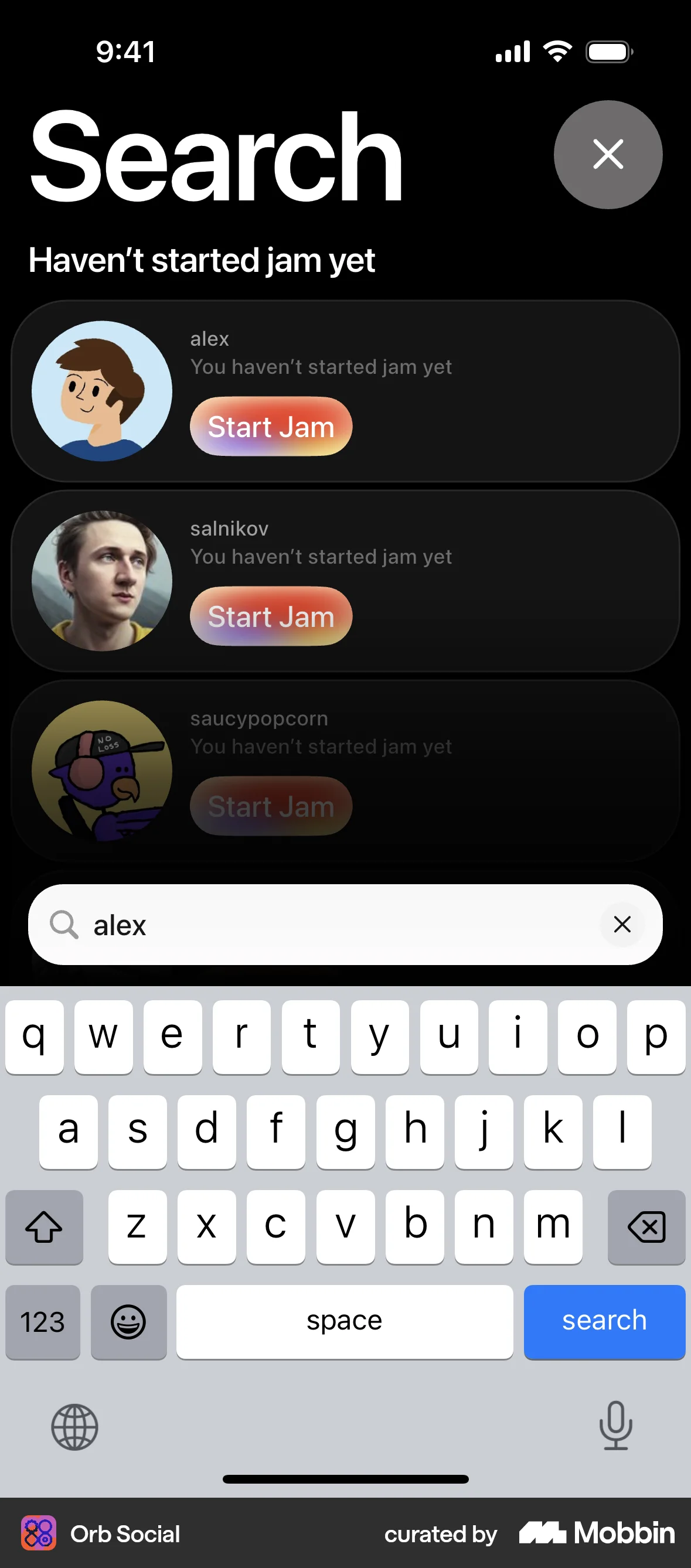 Orb Social iOS Search screen