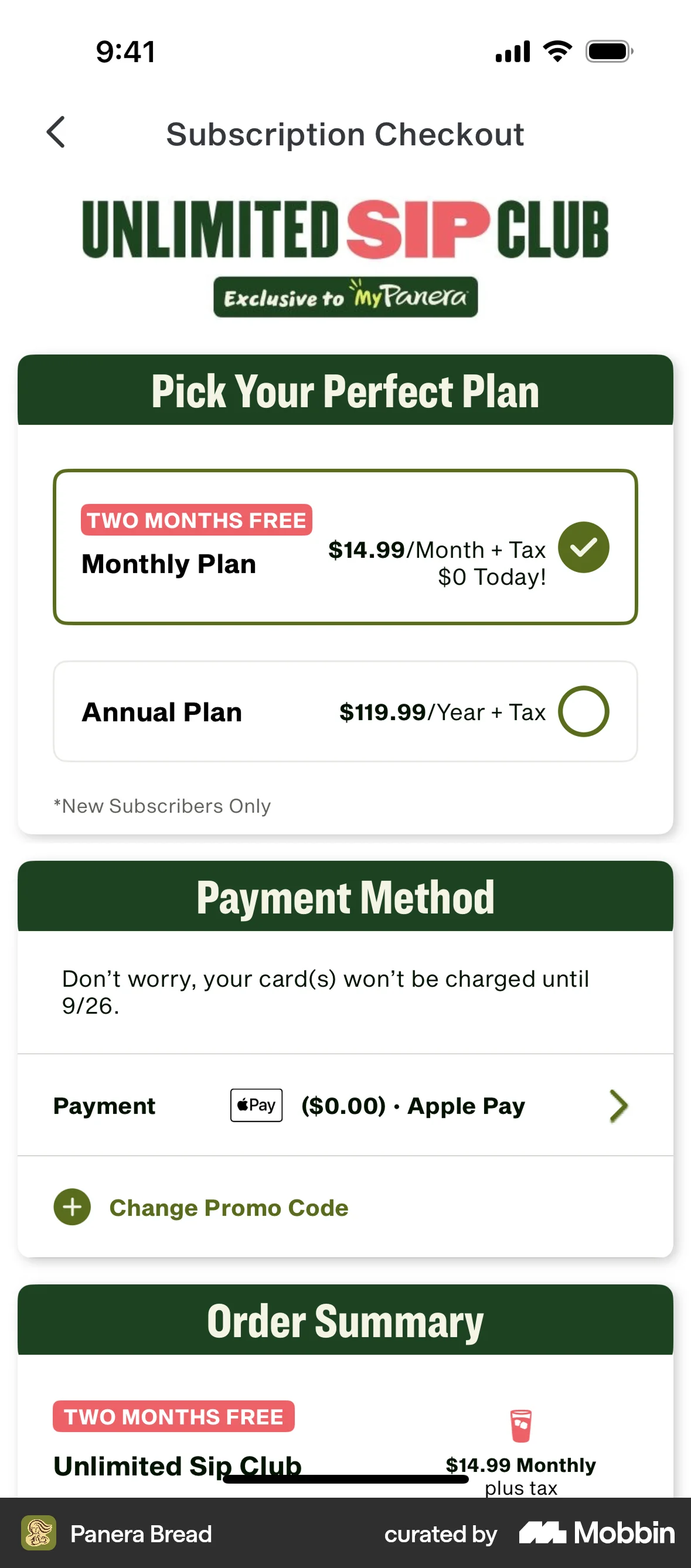 Panera Bread iOS Checkout screen