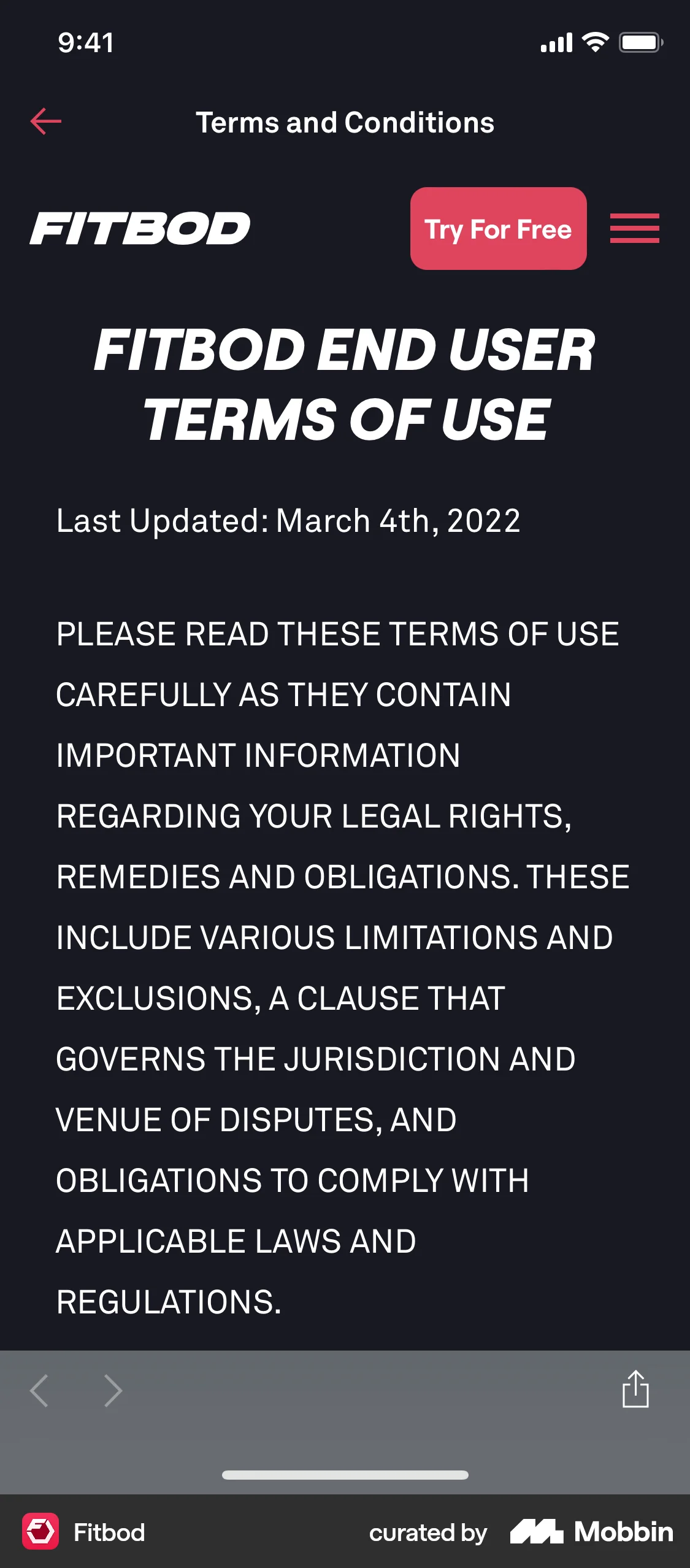Fitbod iOS Terms & Conditions screen