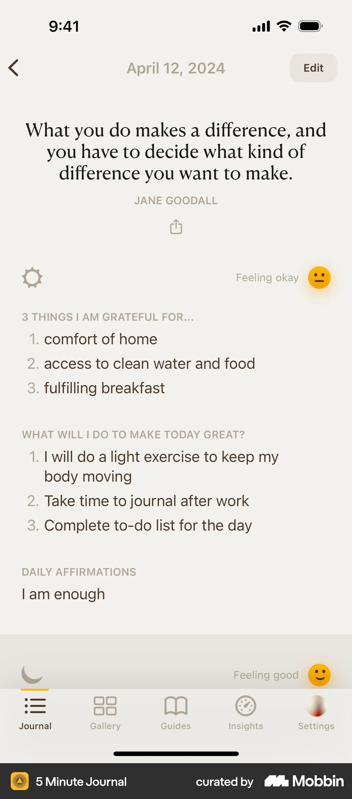 5 Minute Journal iOS Note Detail screen