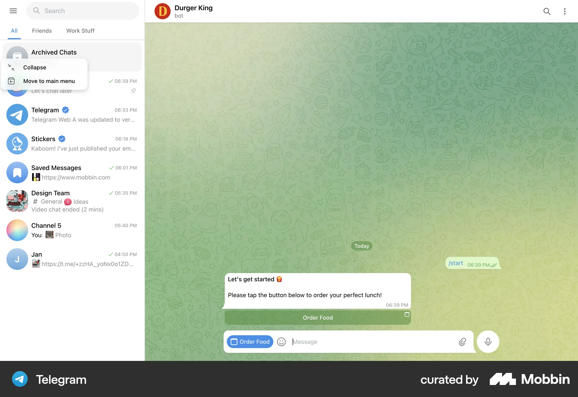 Telegram Web screen containing Context Menu UI element