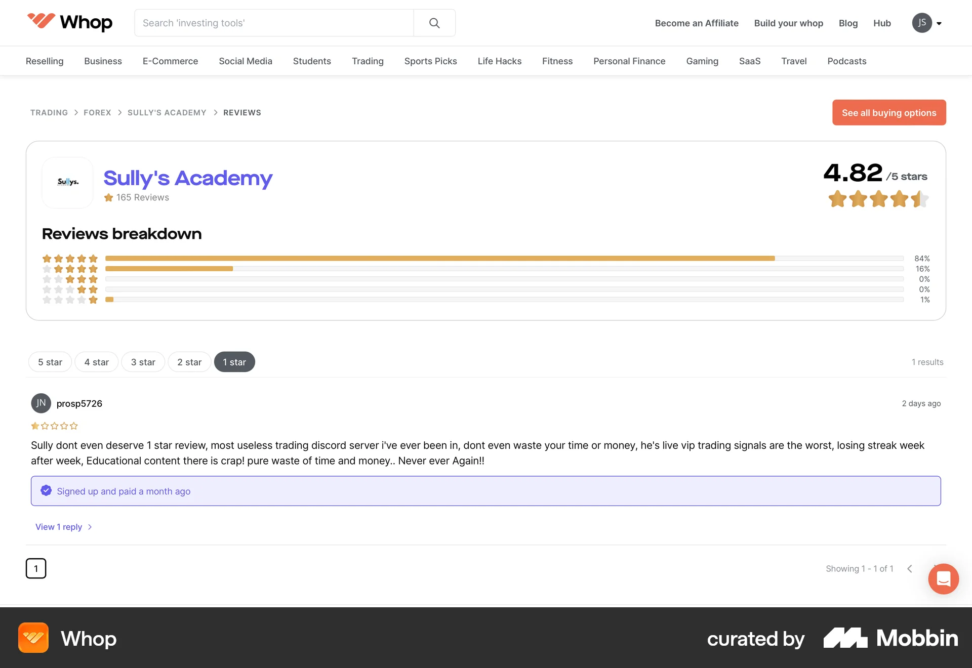 Whop Web Filter & Sort screen