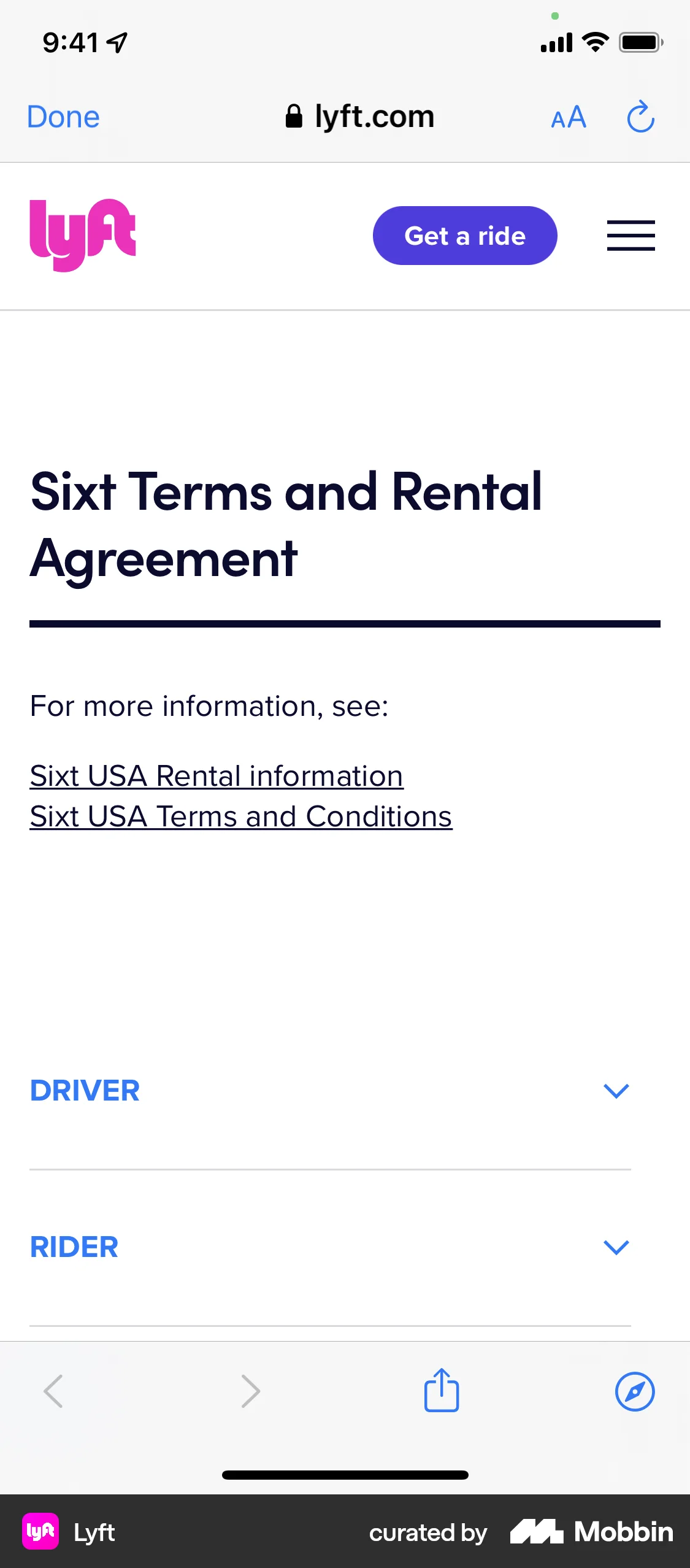 Lyft iOS Terms & Conditions screen