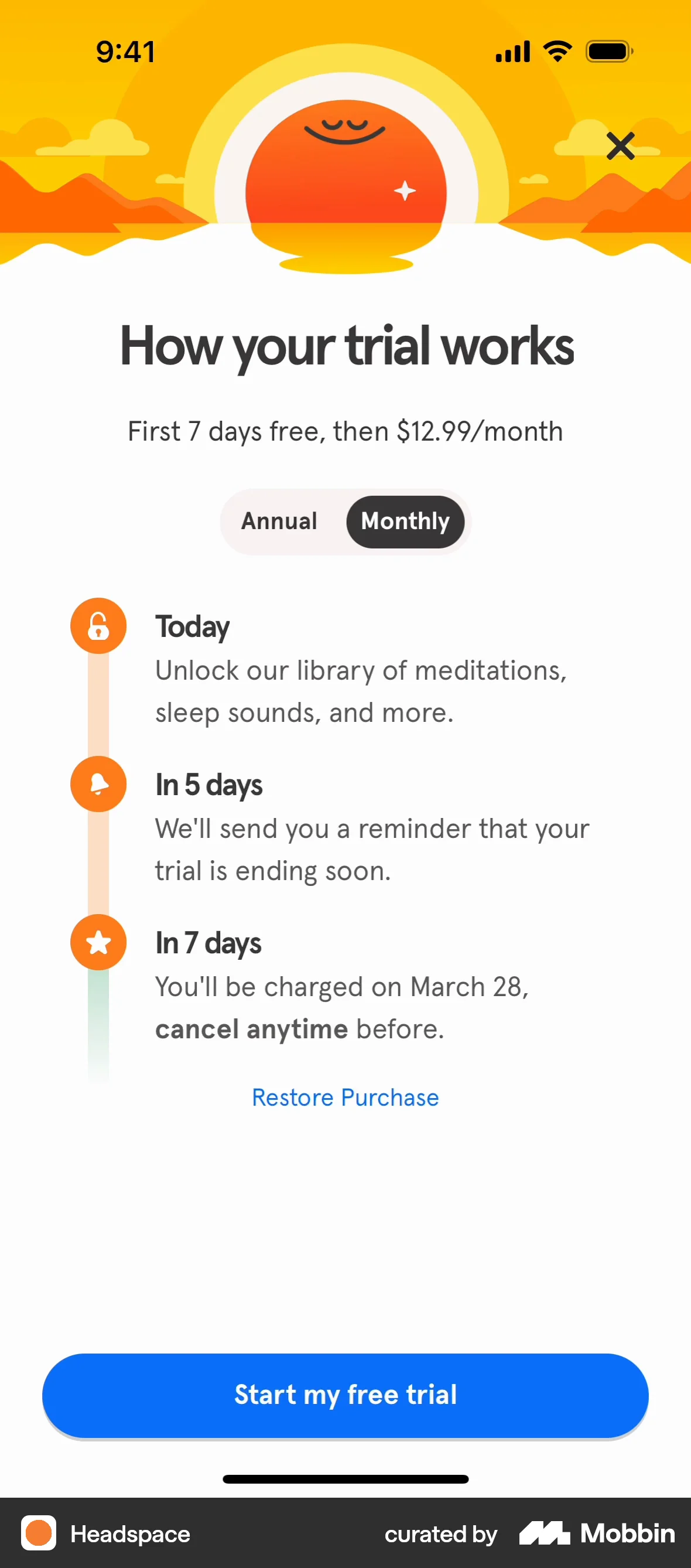Headspace iOS Subscription & Paywall screen