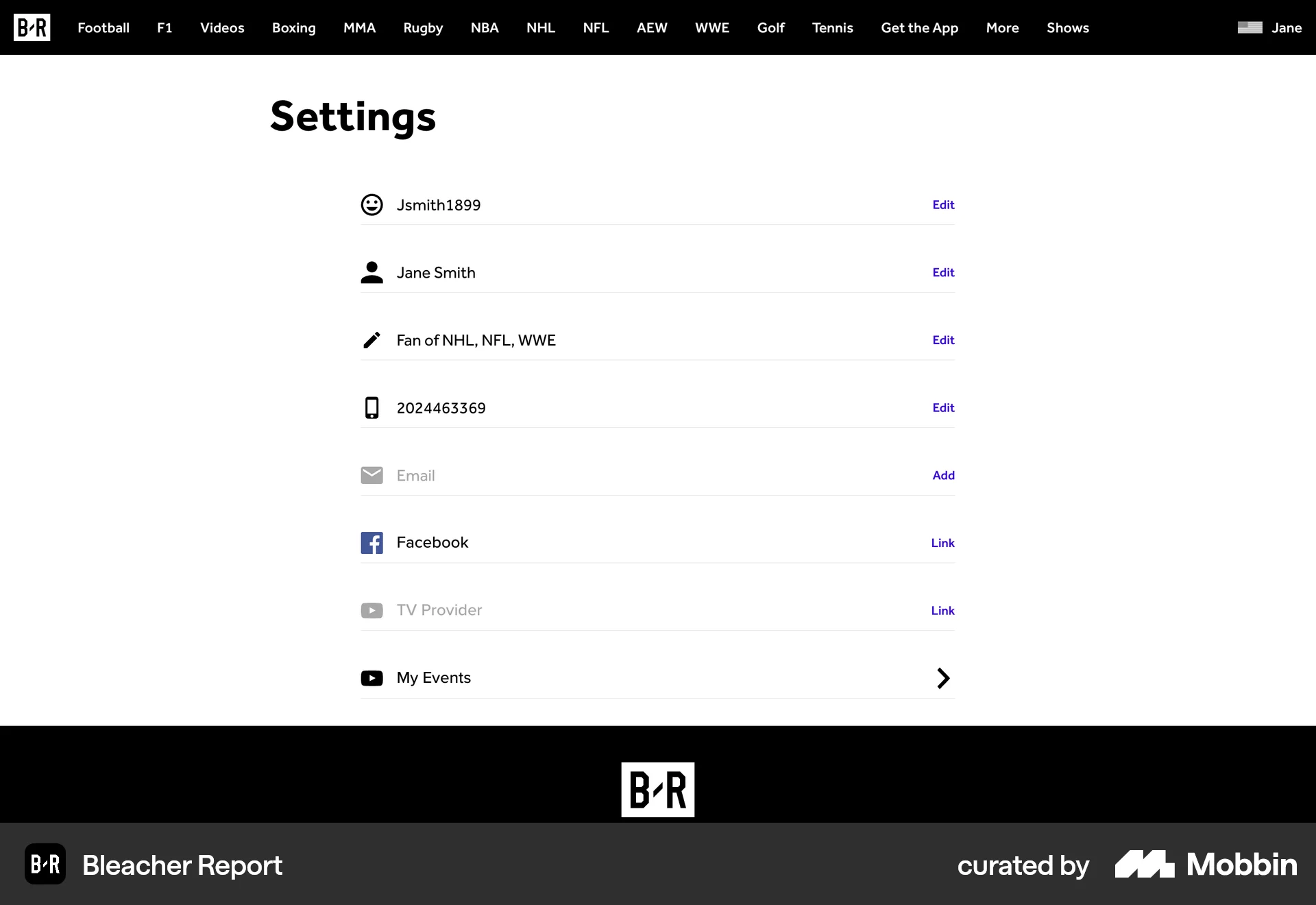 Bleacher Report Web Sports App screen