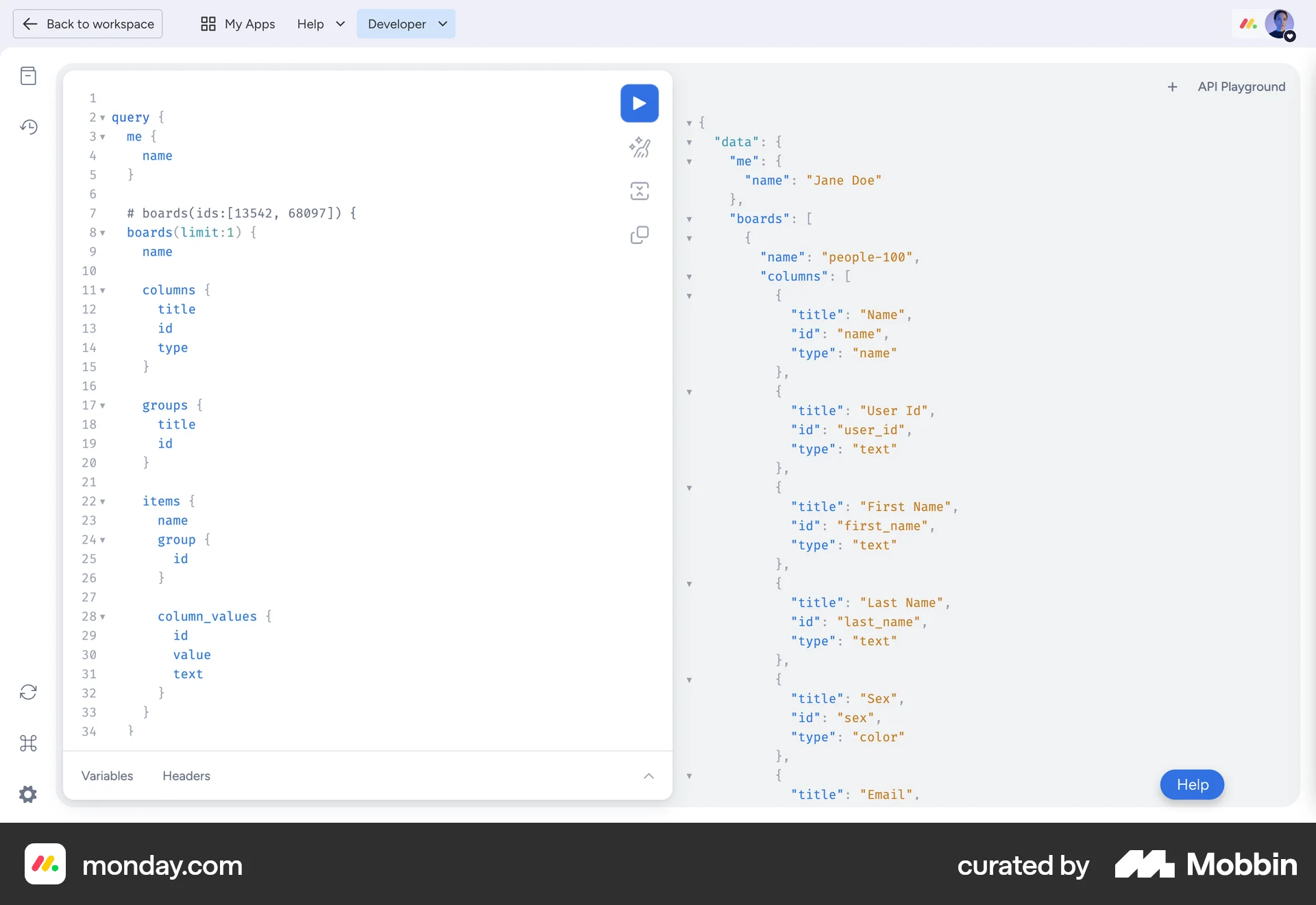 monday.com Web Code Editor screen