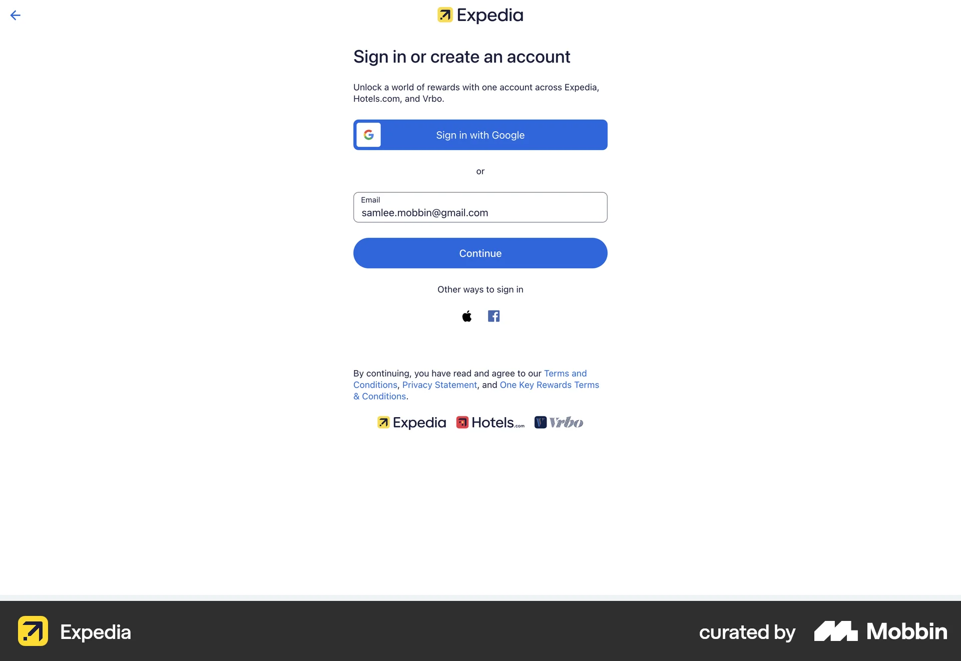 Expedia Web Login screen