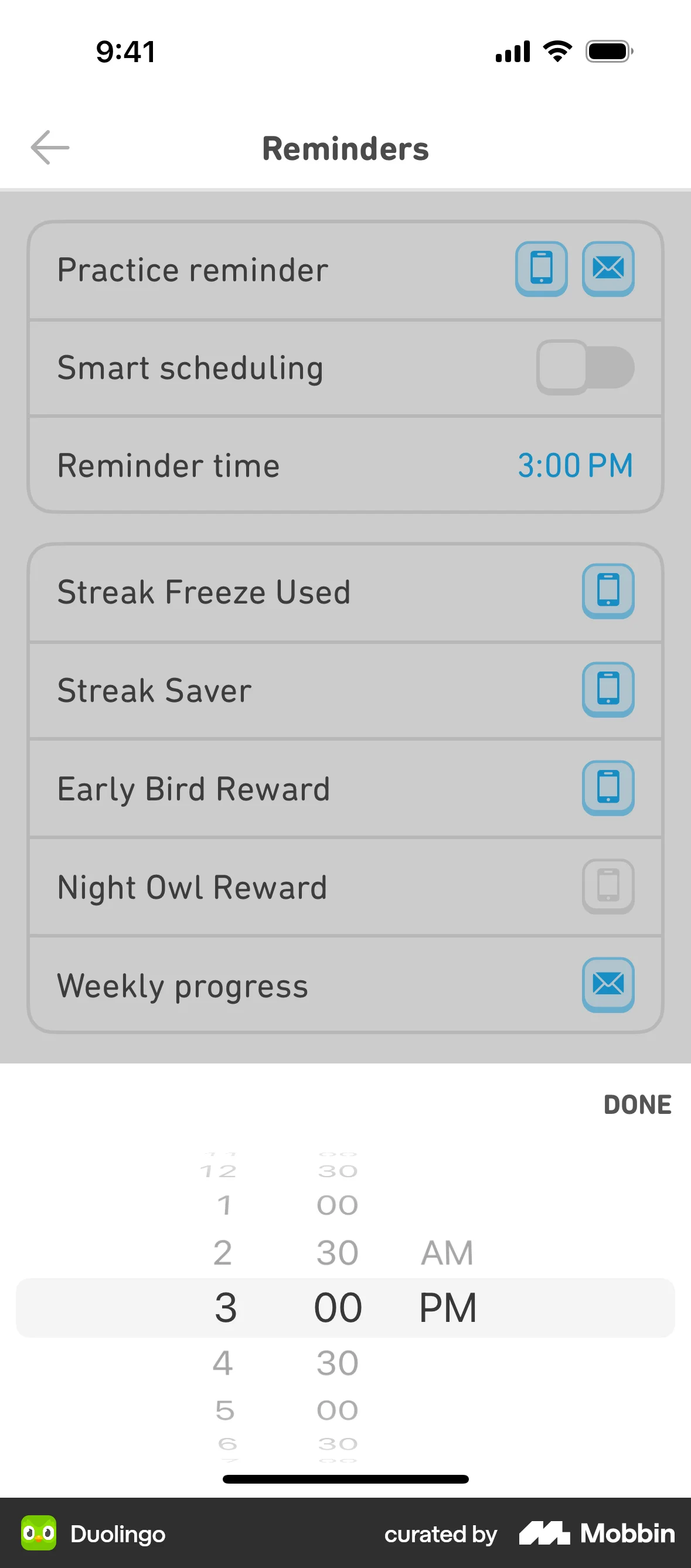 Duolingo iOS screen containing Time Picker UI element