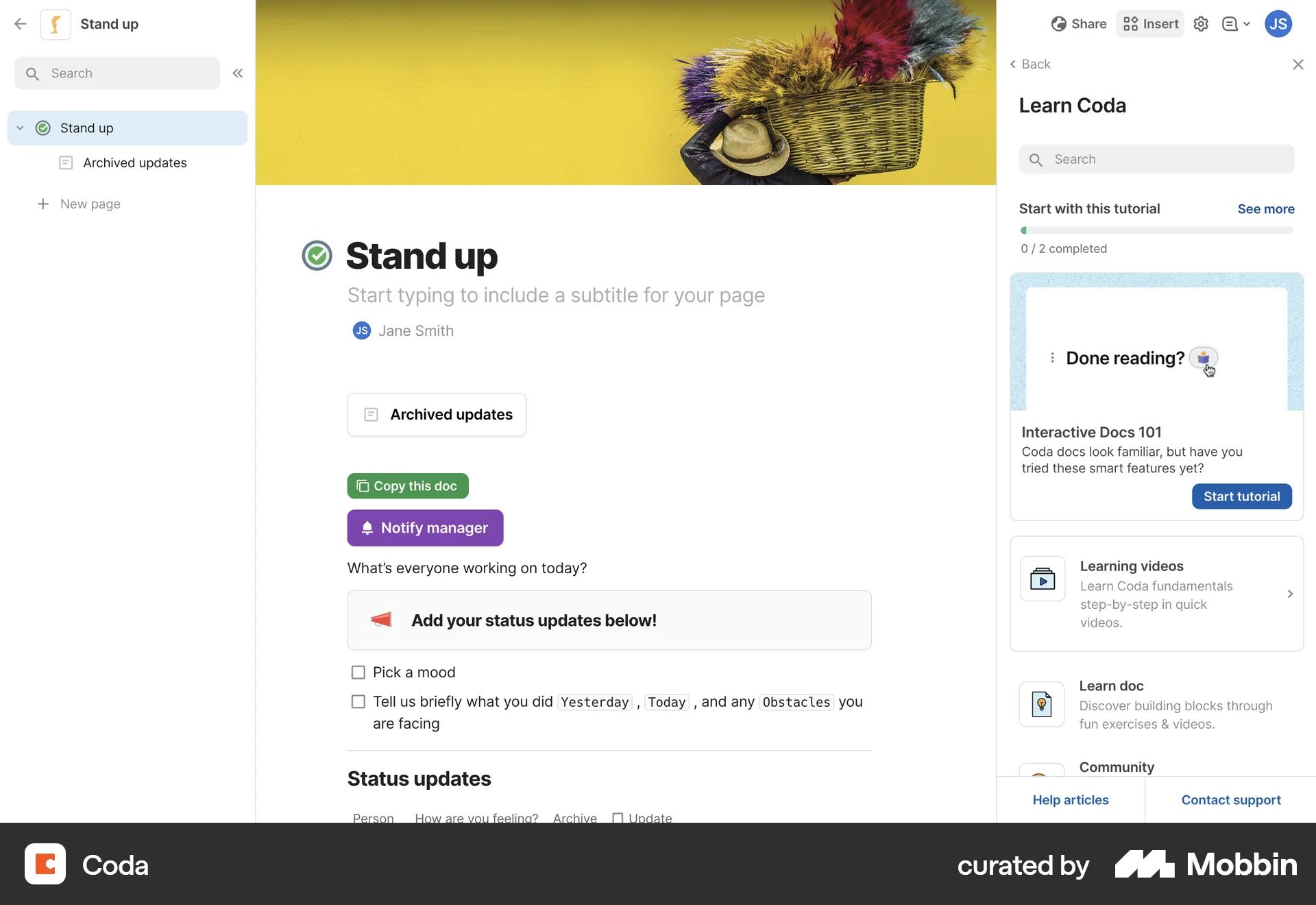 Coda Web Help & Support screen