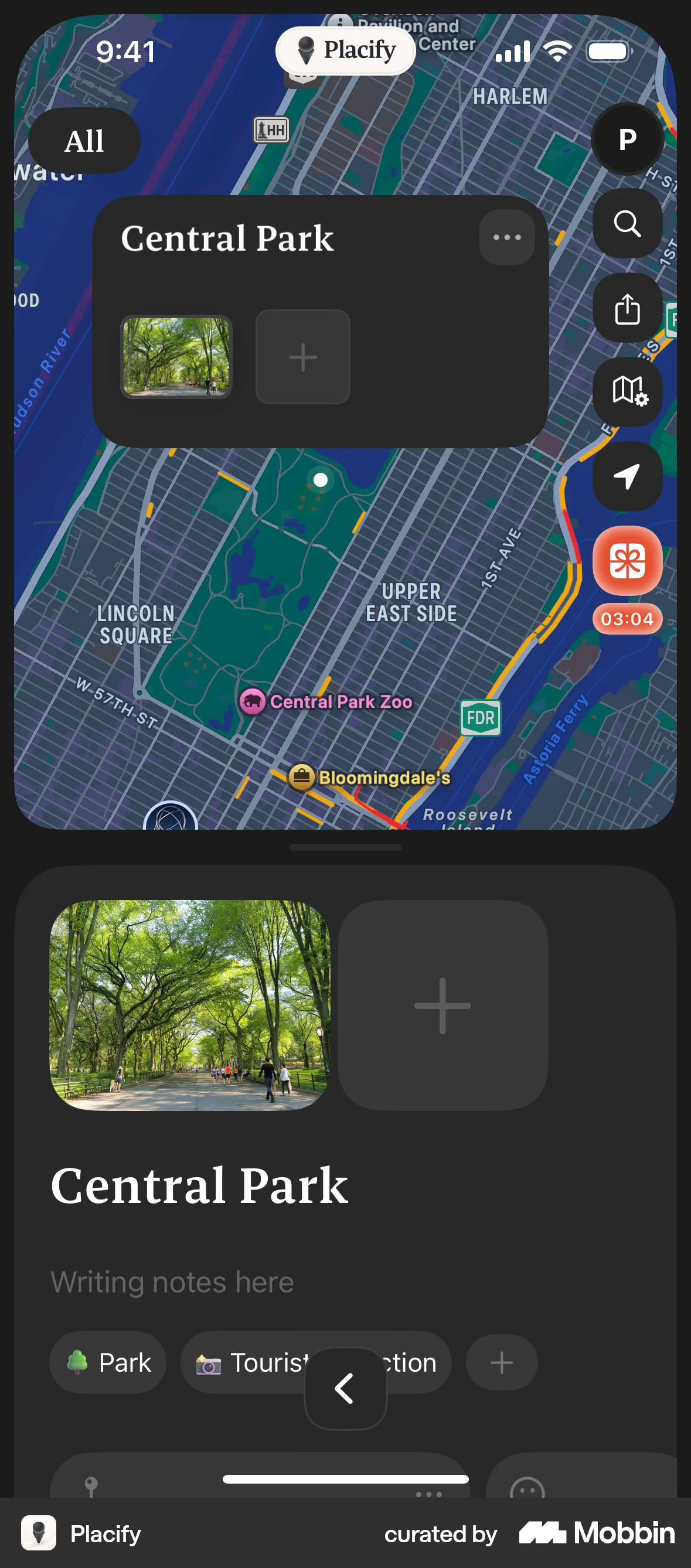 Placify iOS Dark Mode screen