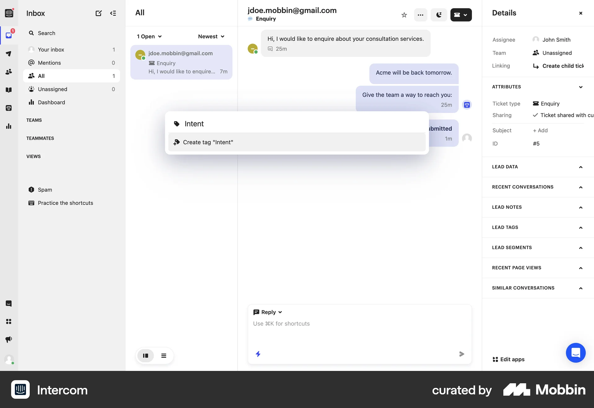 Intercom Web Command Palette screen