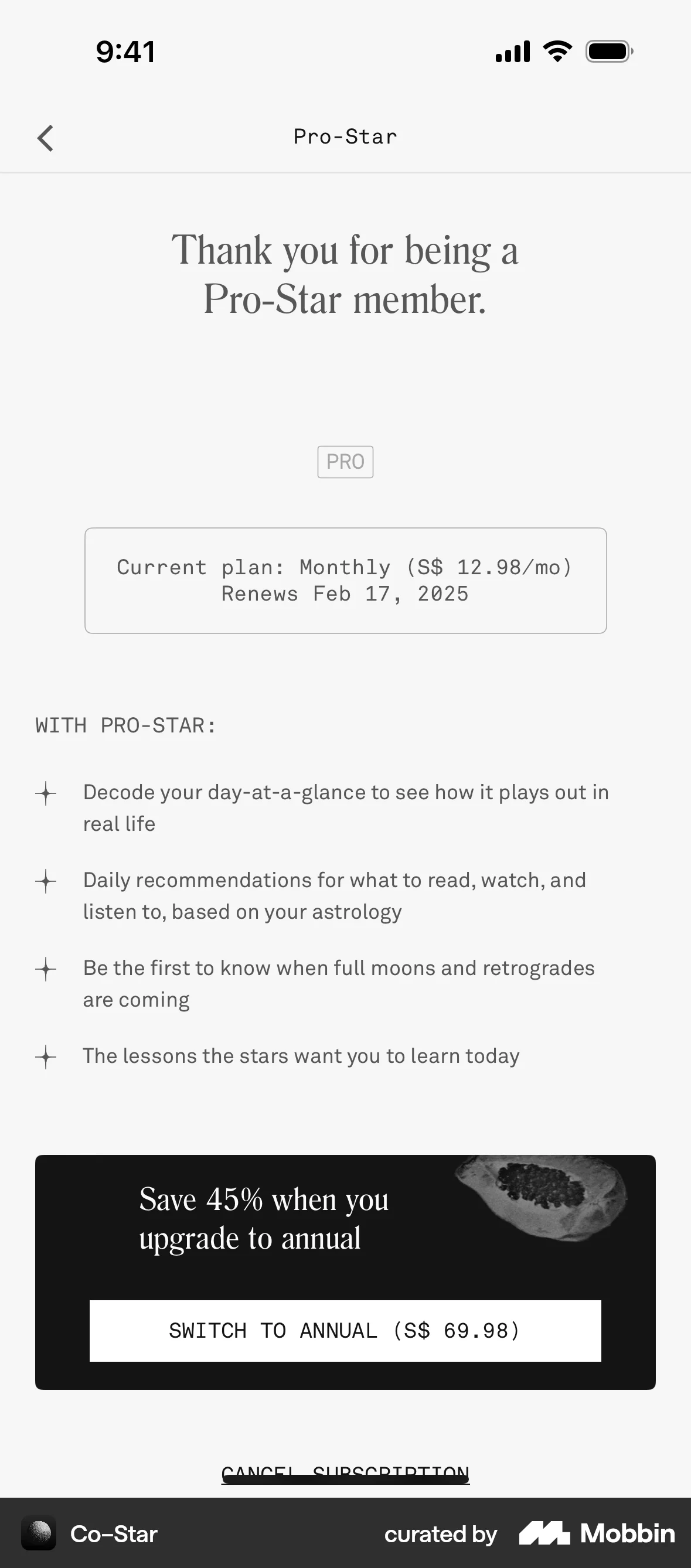 Co–Star iOS Billing screen