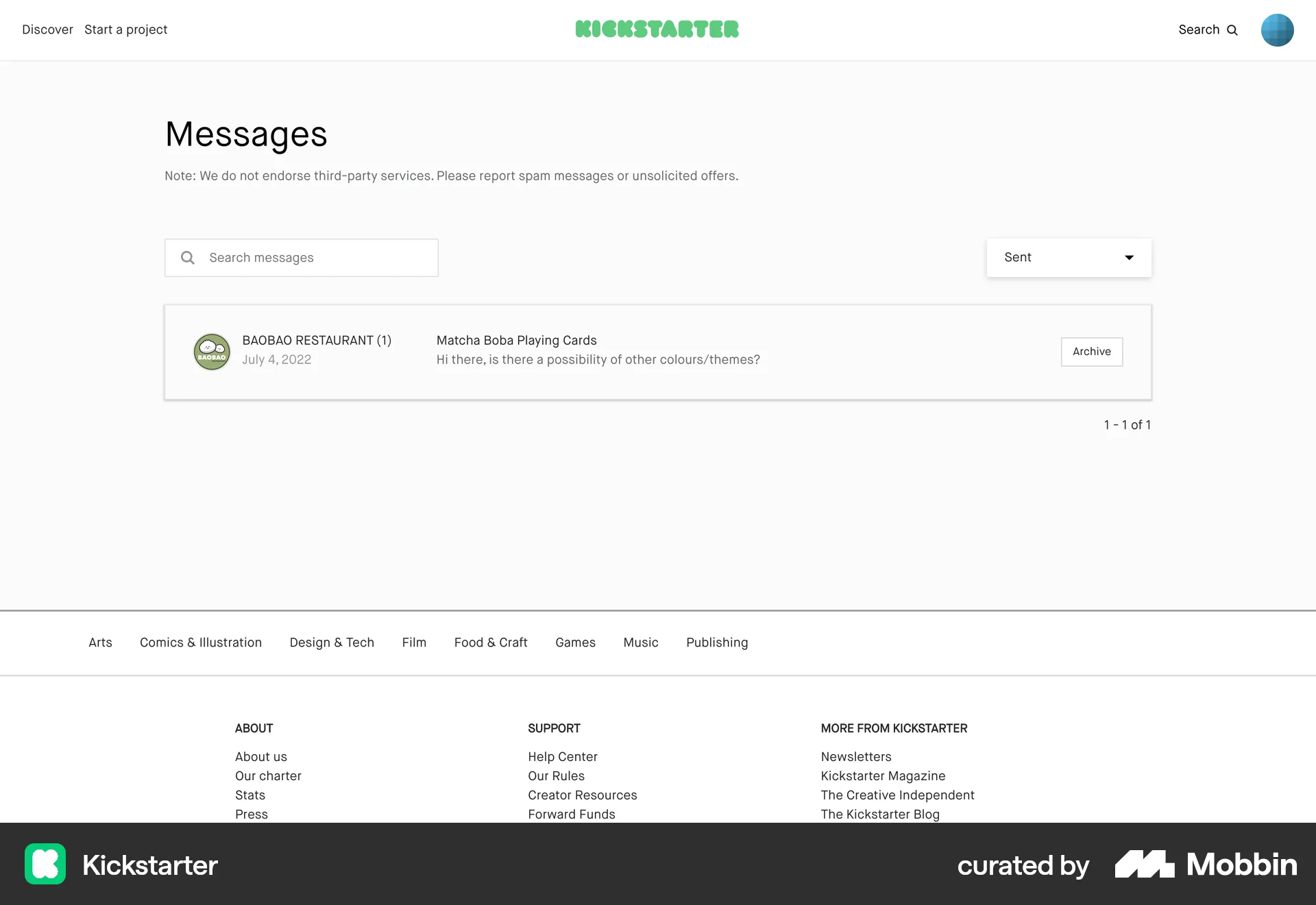 Kickstarter Web Emails & Messages screen