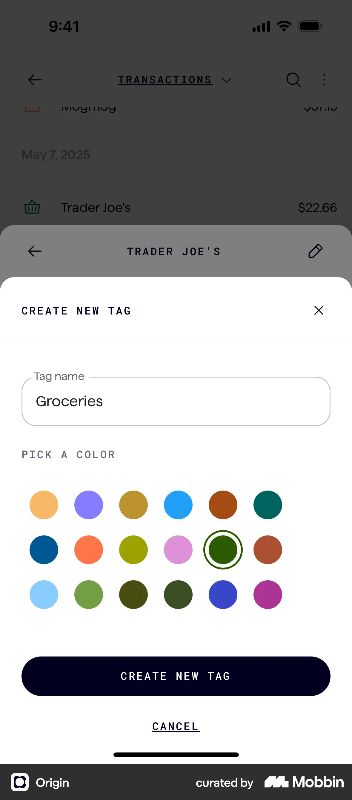 Origin iOS screen containing Color Picker UI element