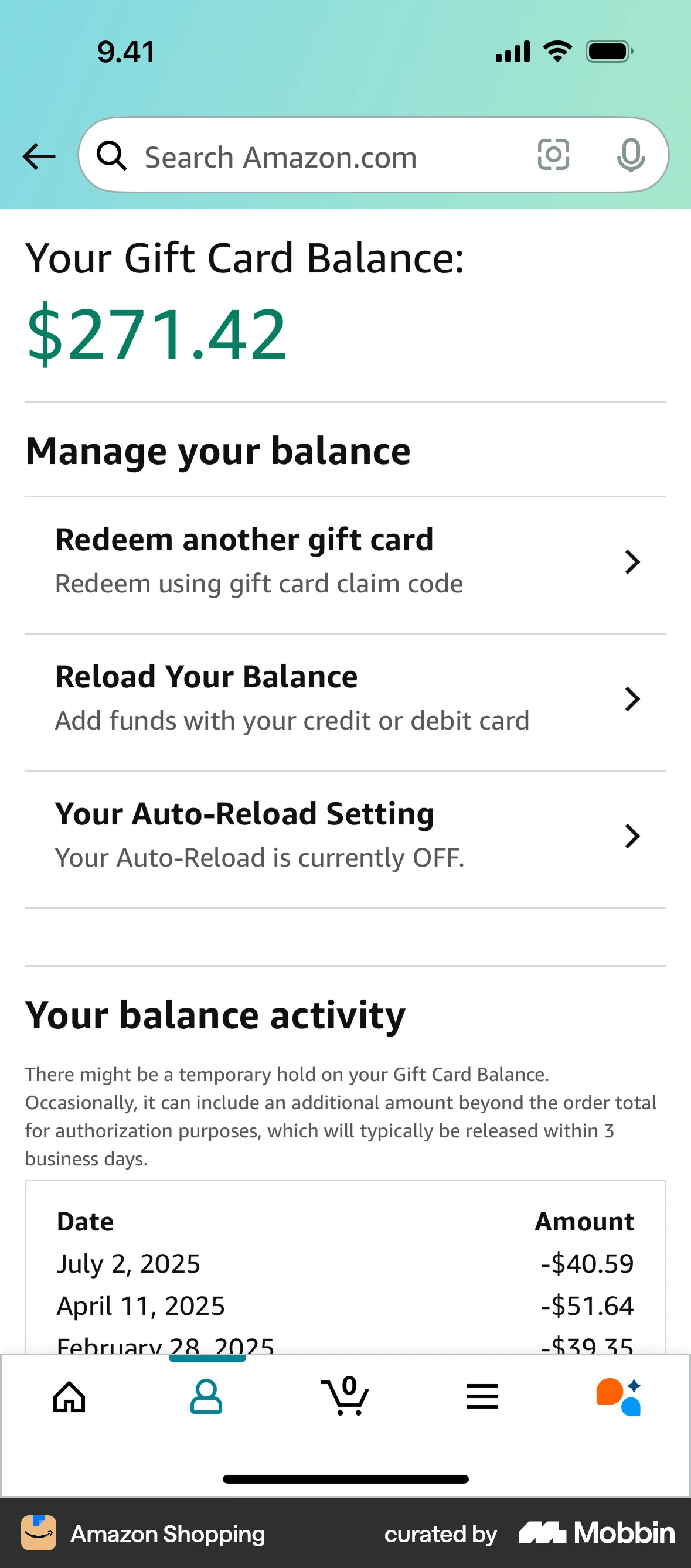 Amazon Shopping iOS Wallet & Balance screen