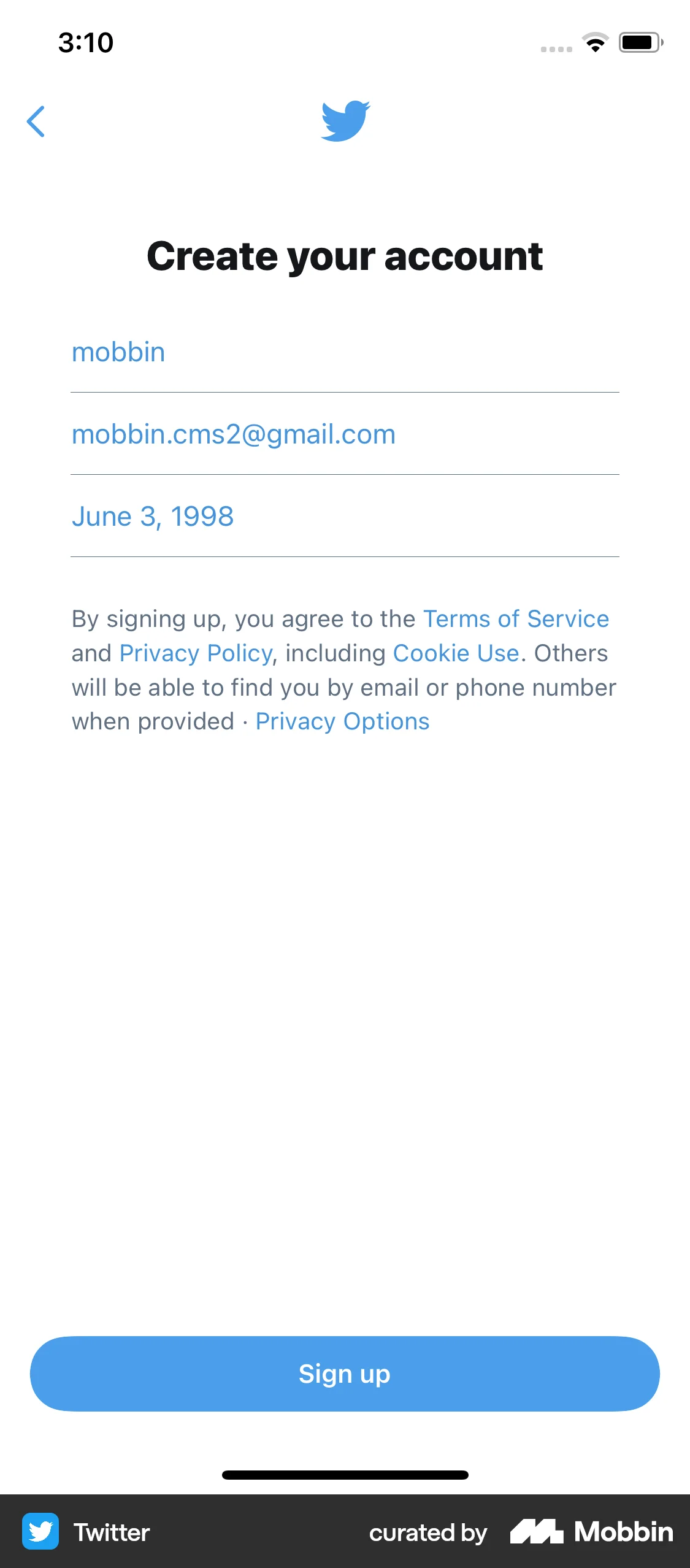 X iOS Signup screen