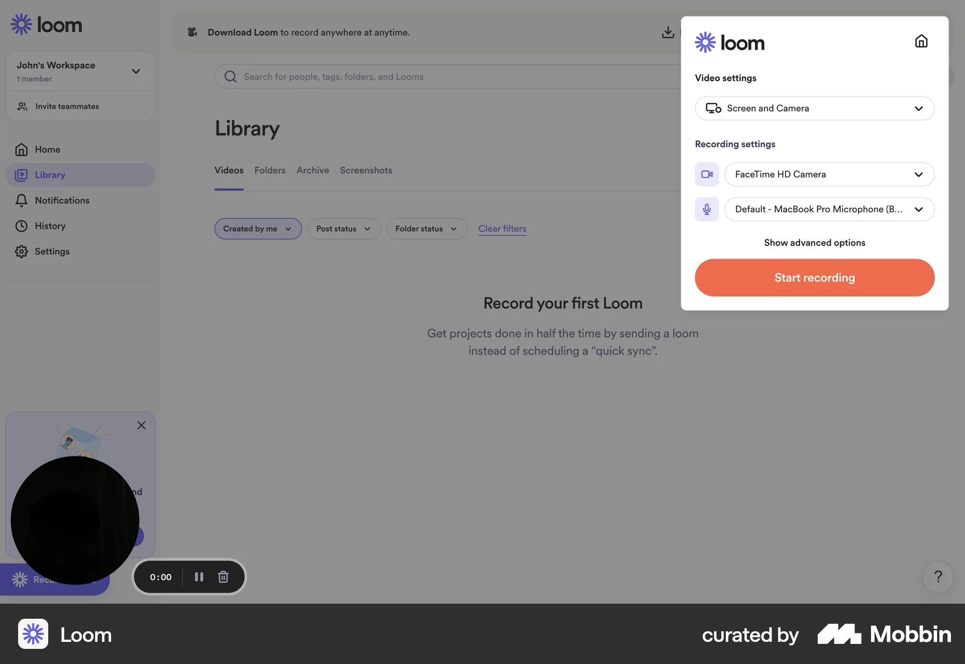 Loom Web Audio & Video Recorder screen