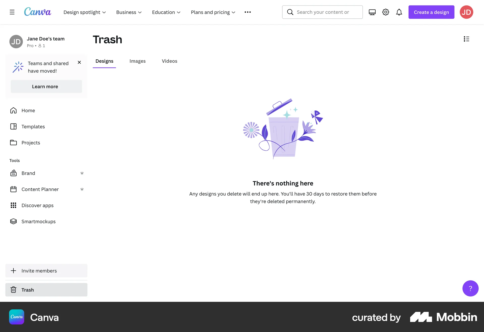 Canva Web Trash & Archive screen