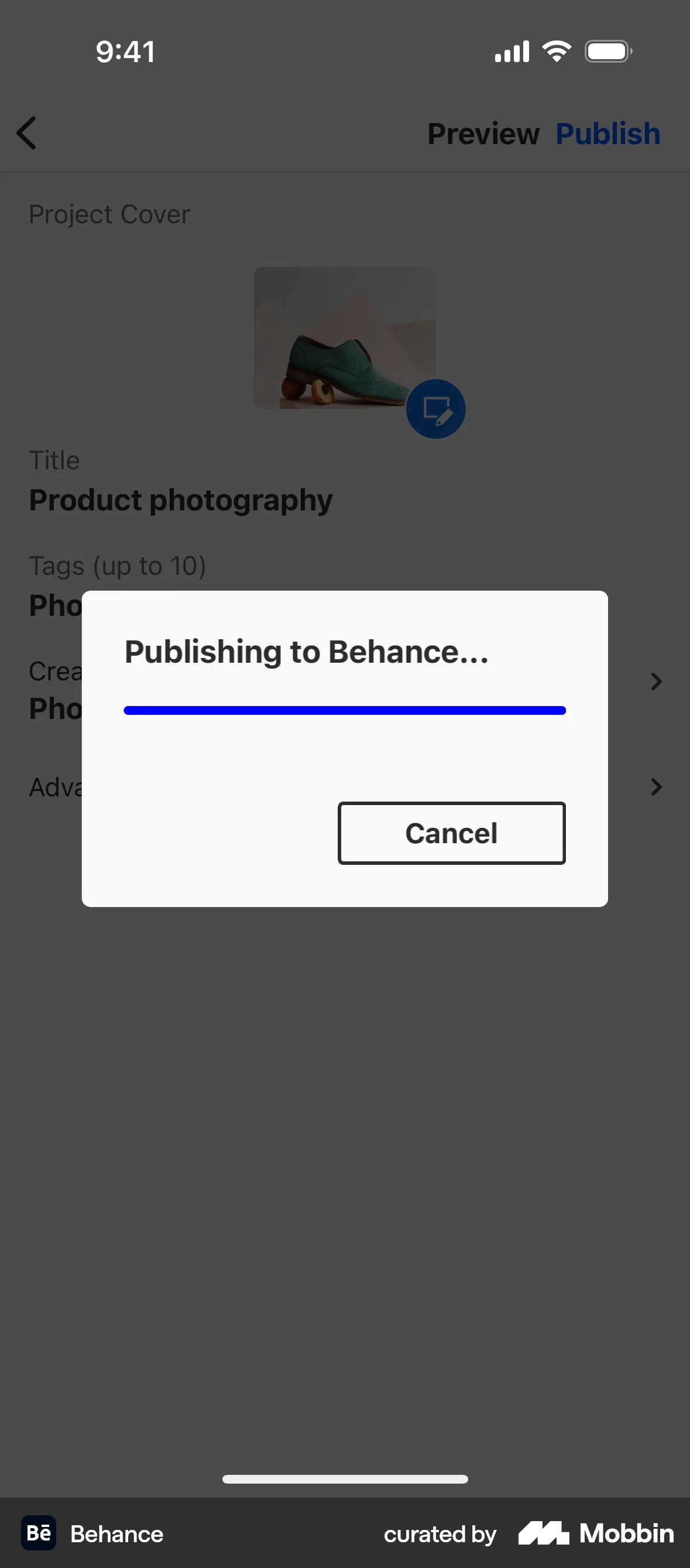 Behance iOS Publishing Modal Progress | Mobbin