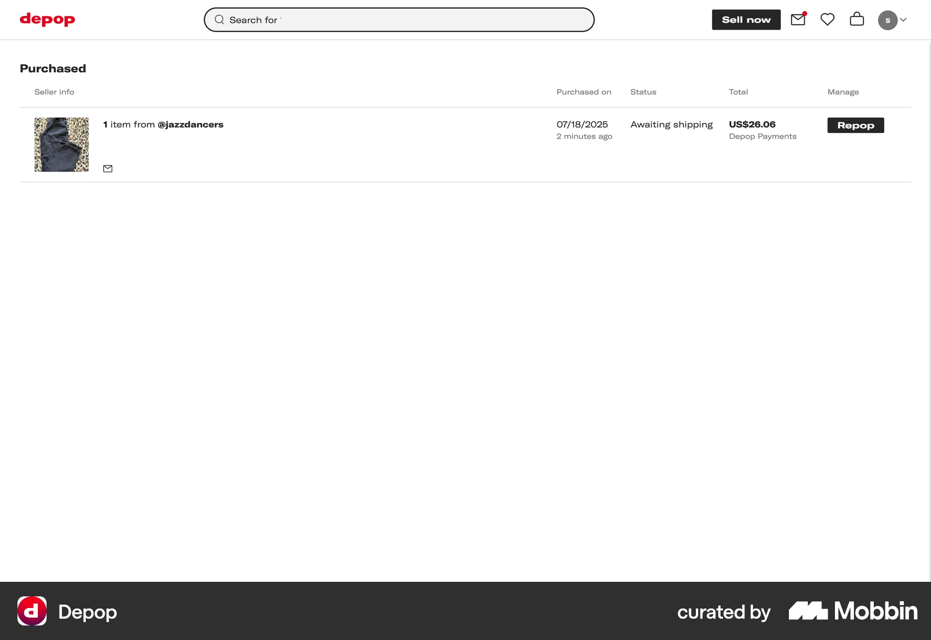 Depop Web Order History screen