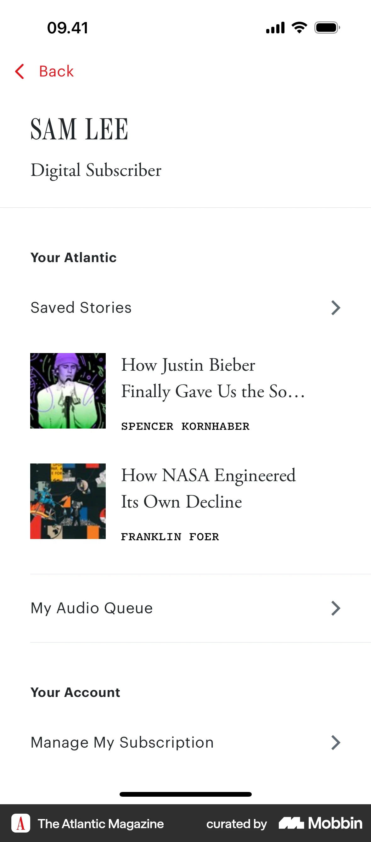 The Atlantic Magazine iOS Settings & Preferences screen