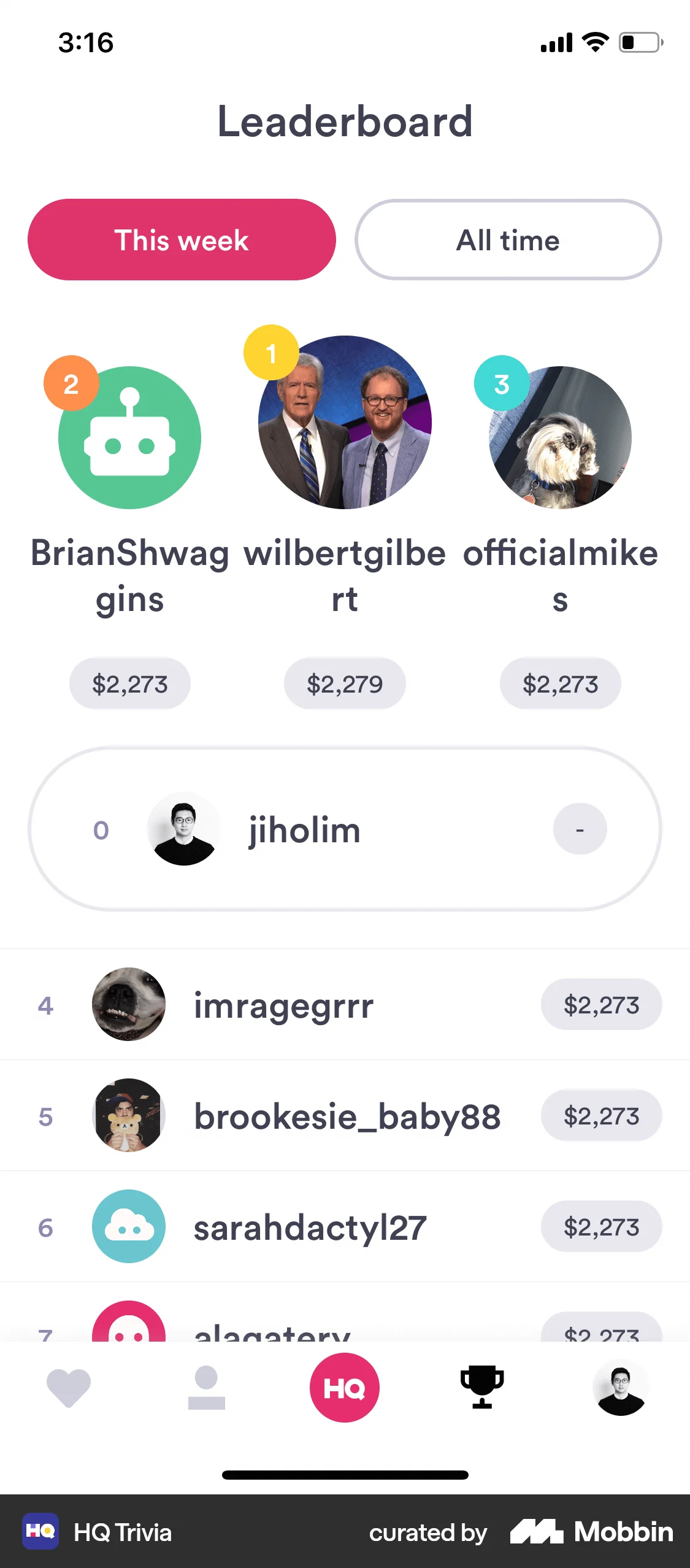 HQ Trivia iOS Leaderboard screen