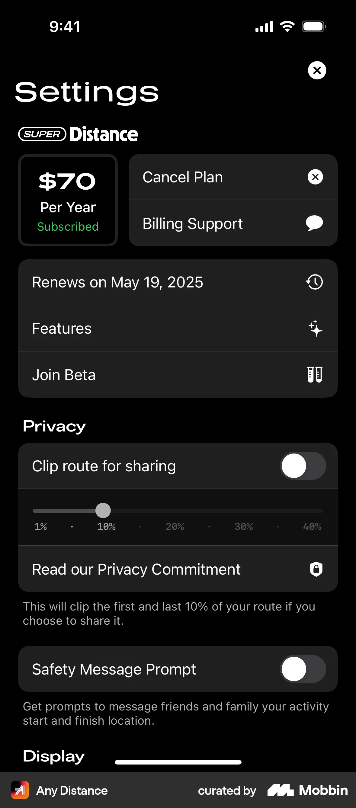 Any Distance iOS Billing screen