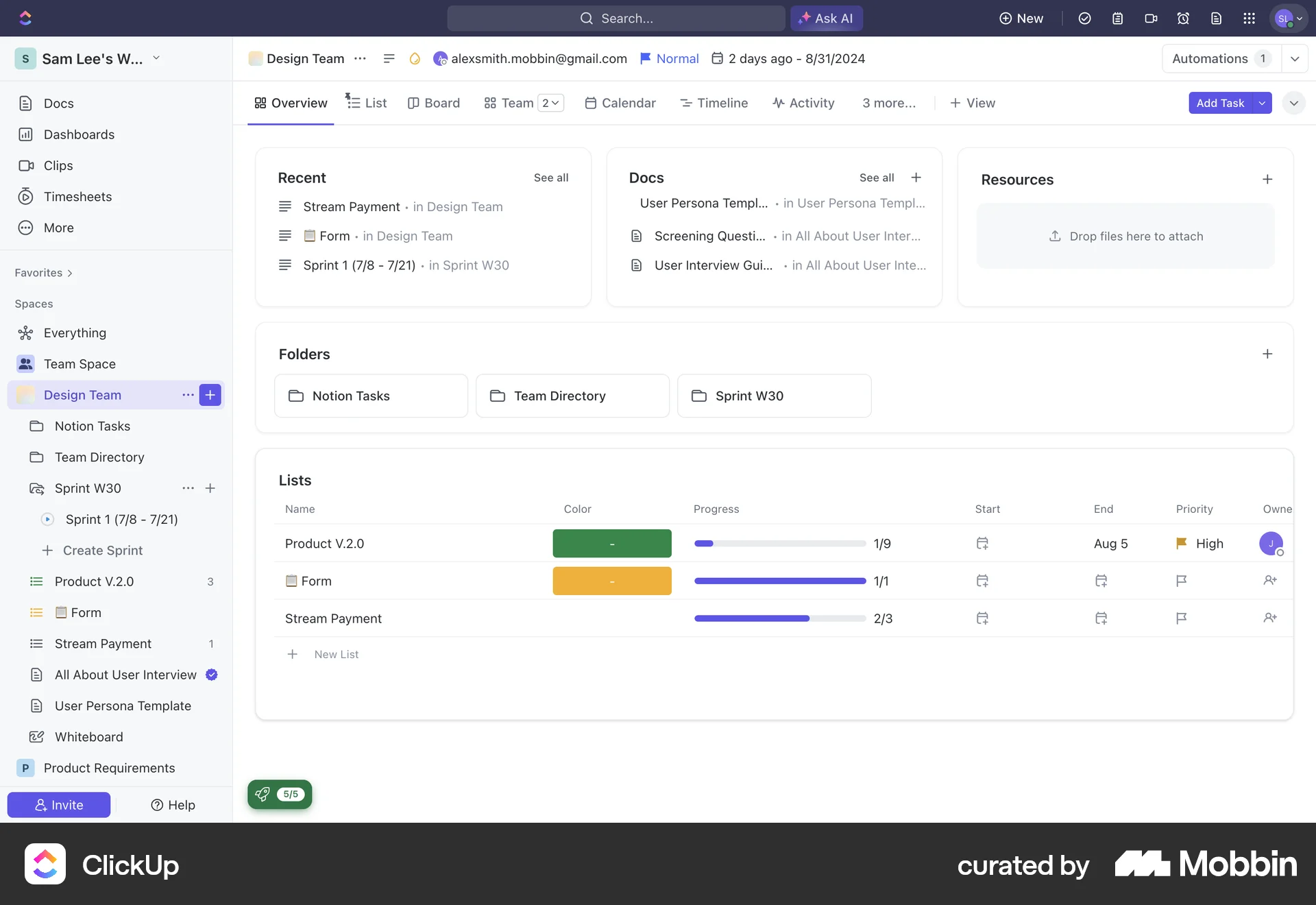 ClickUp Web Bookmarks & Collections screen