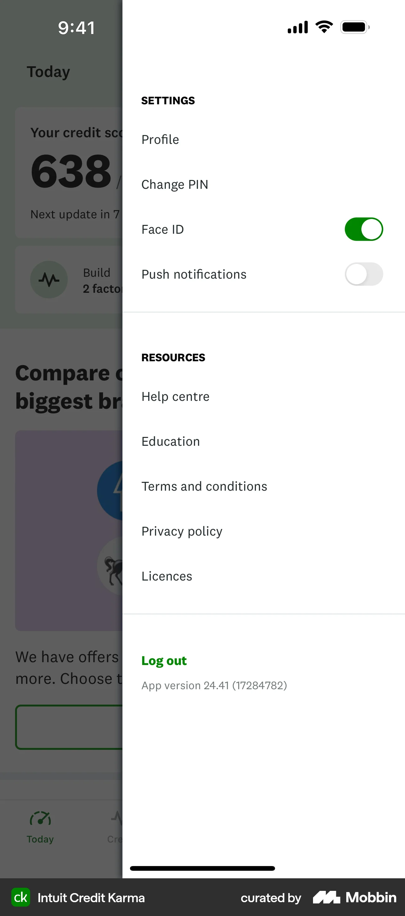 Credit Karma iOS screen containing Side Navigation UI element