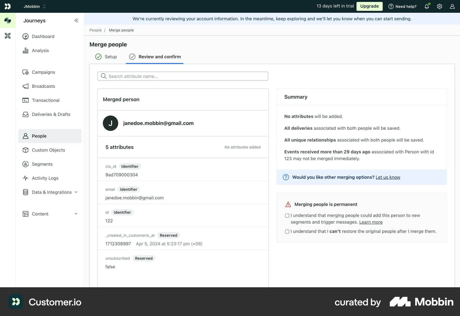 Customer.io Web Confirmation screen