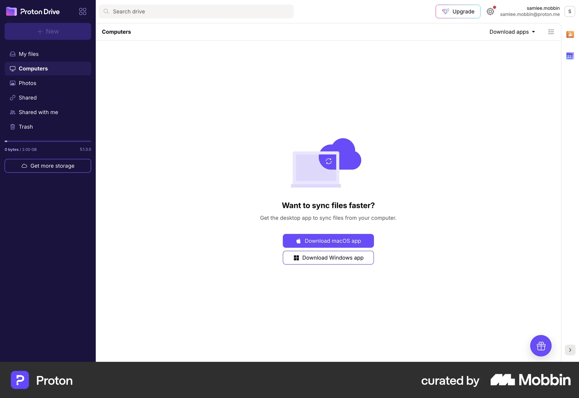 Proton Web screen containing Floating Action Button UI element