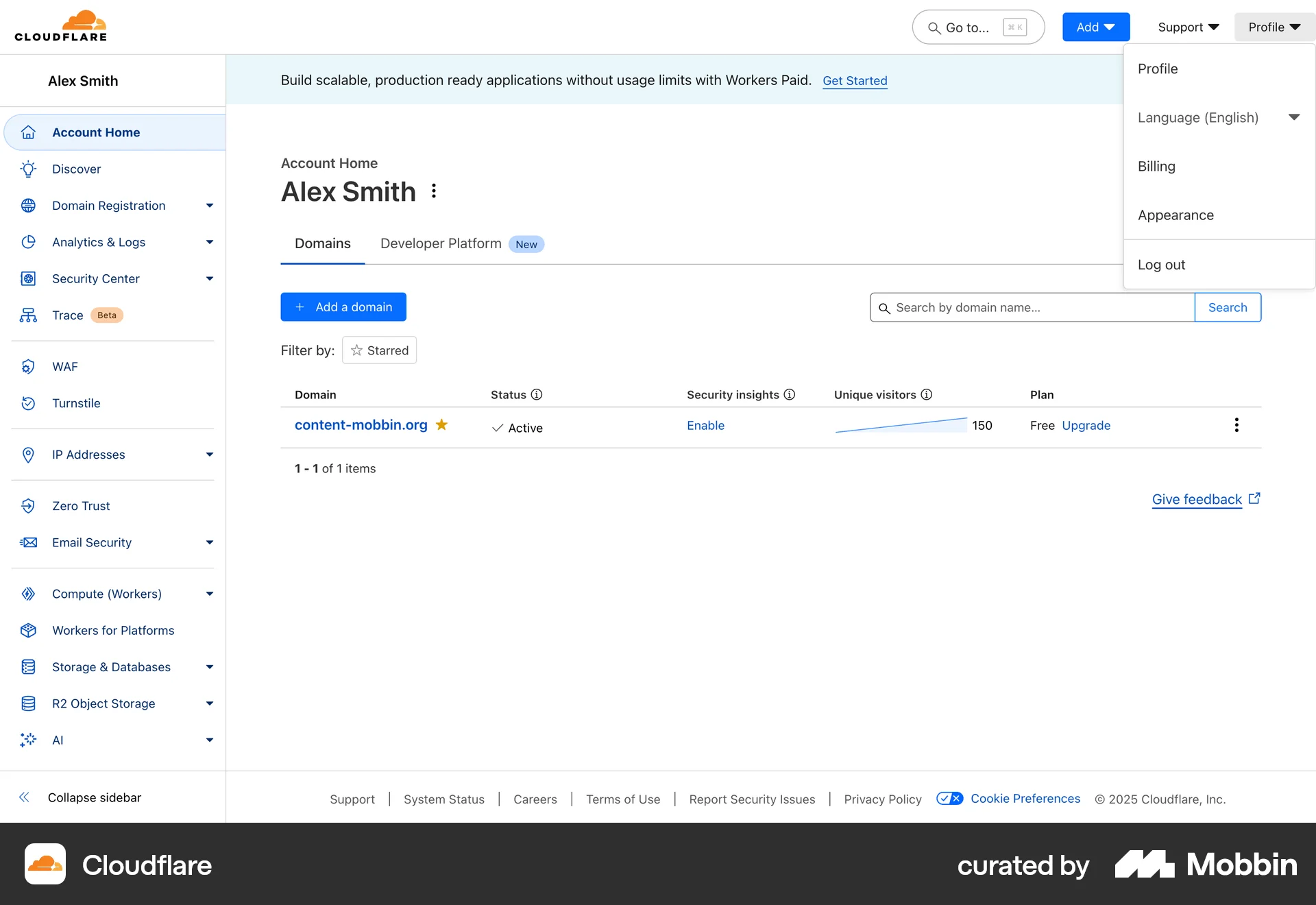 Cloudflare Web screen containing Dropdown Menu UI element