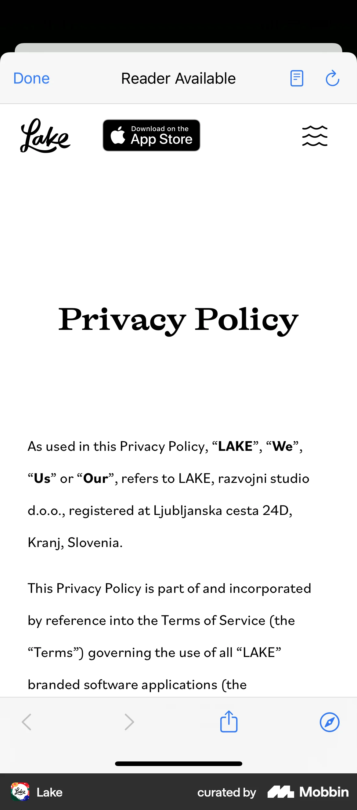 Lake iOS Privacy Policy screen
