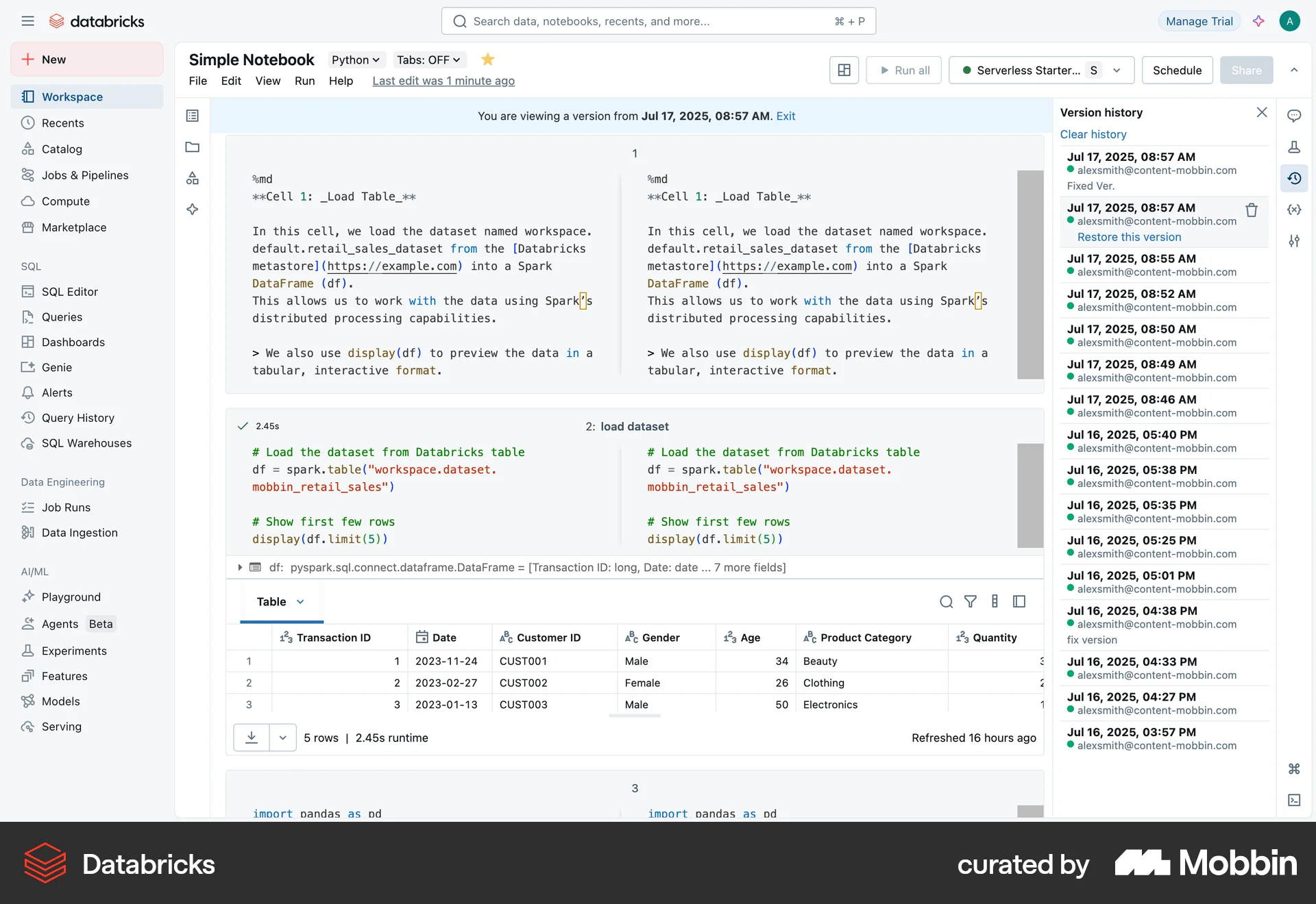 Databricks Web Timeline & History screen