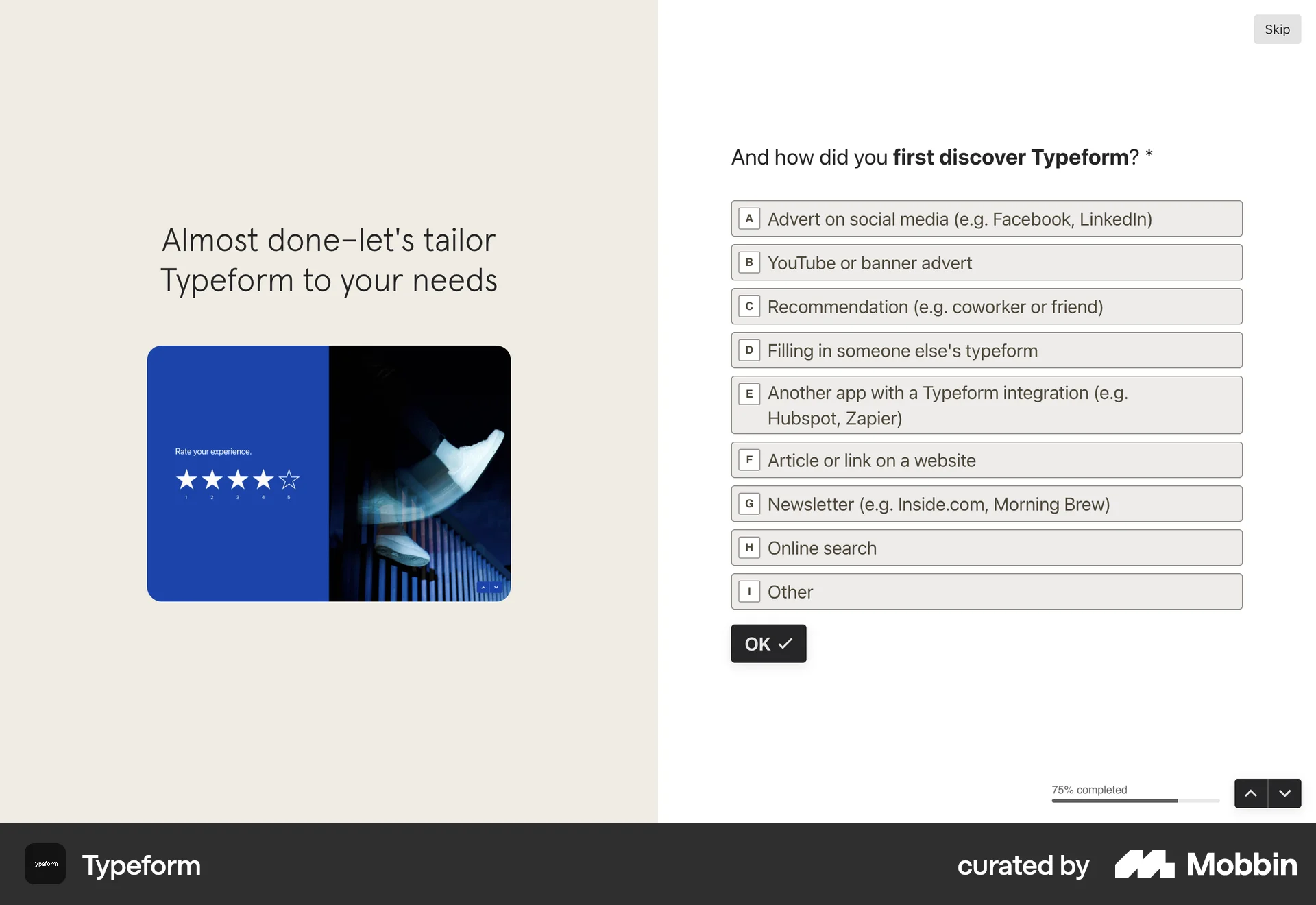 Typeform Web Quiz screen