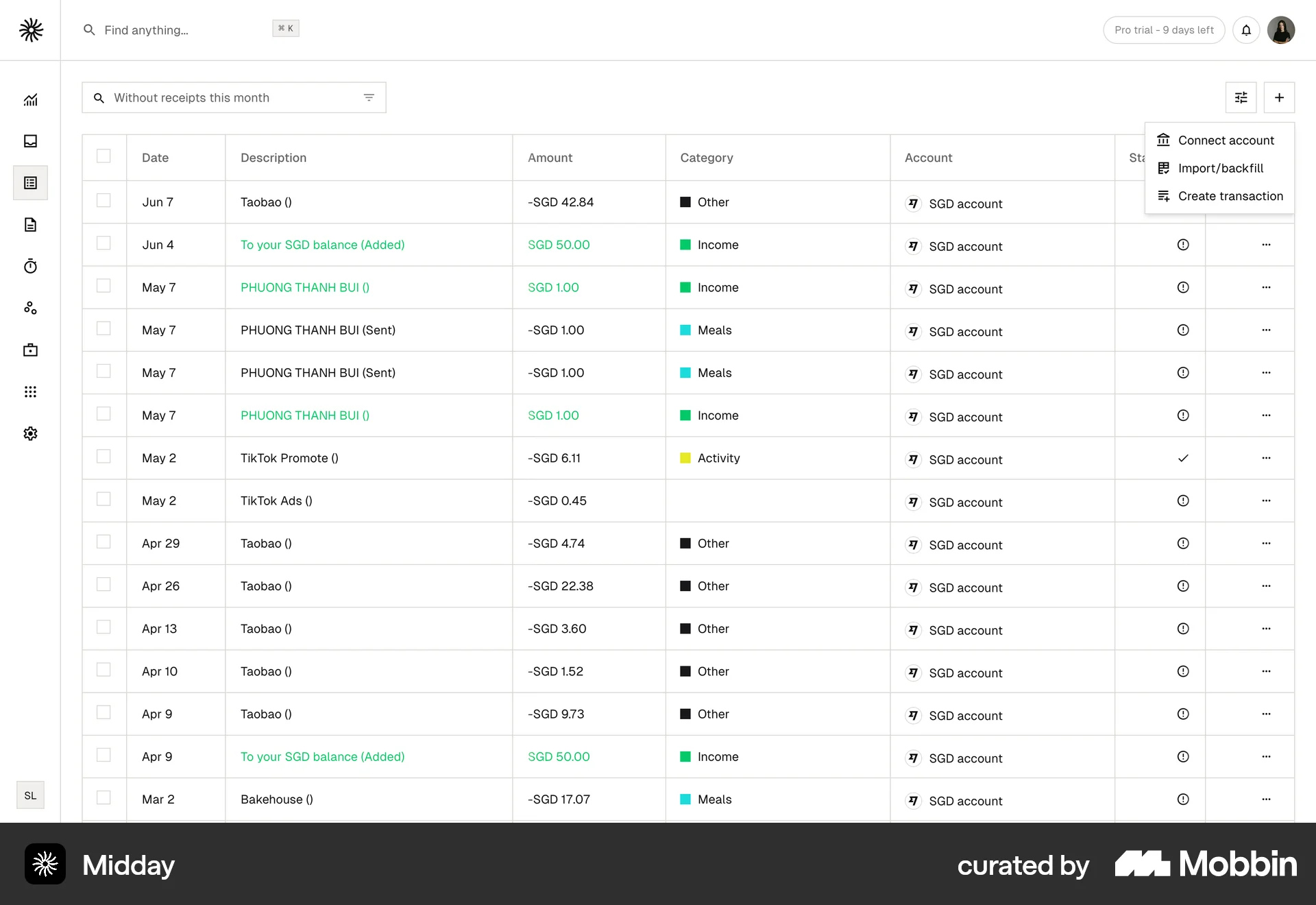 Midday Web Action Option screen