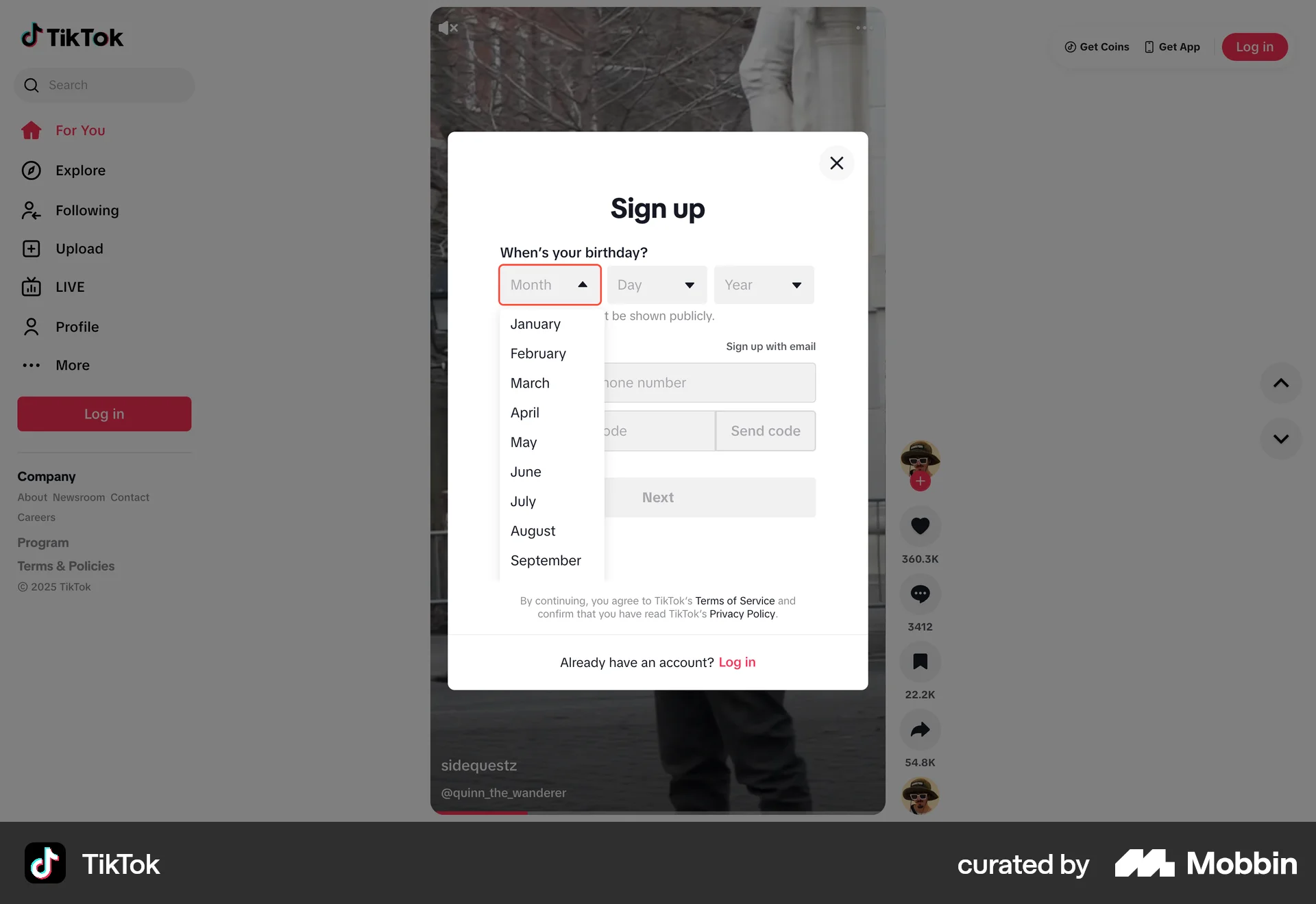 TikTok Web screen containing Select UI element