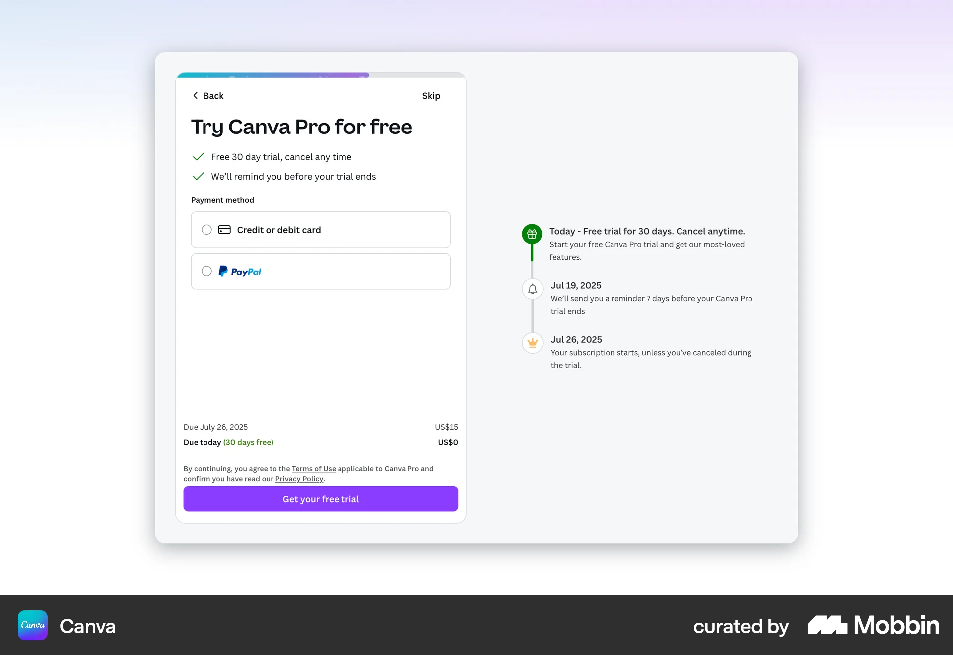 Canva Web Payment Method screen