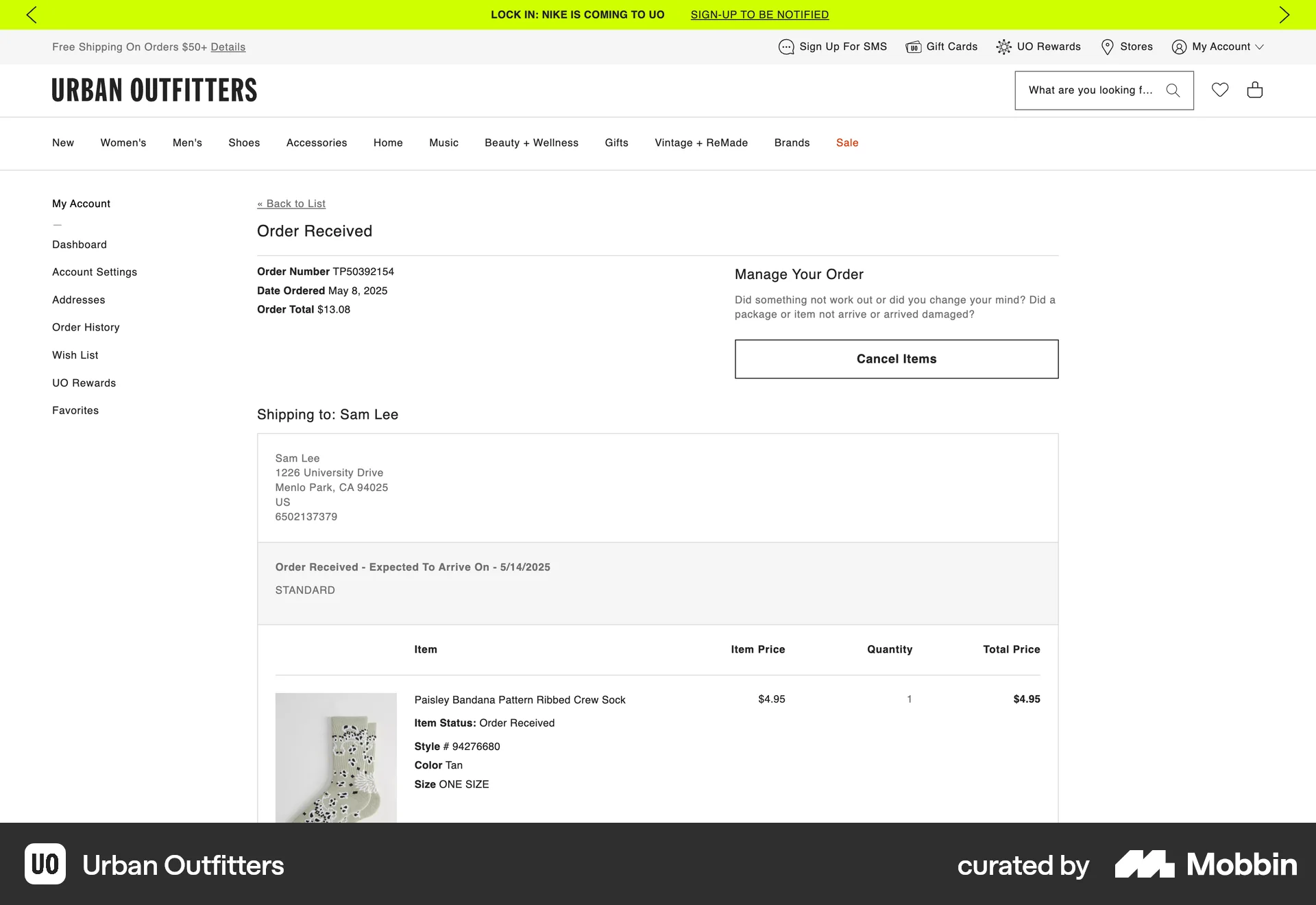 Urban Outfitters Web Order Detail screen