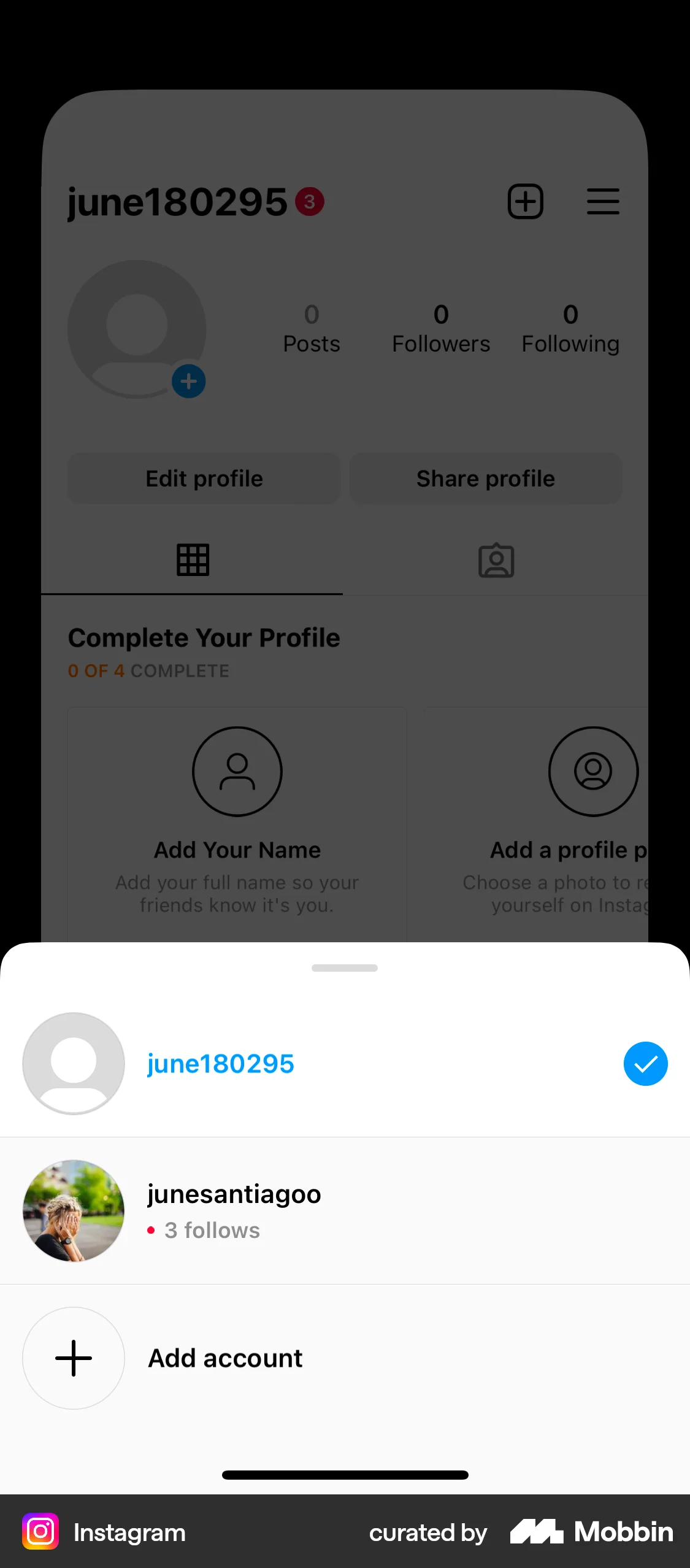 Instagram Switching account screen