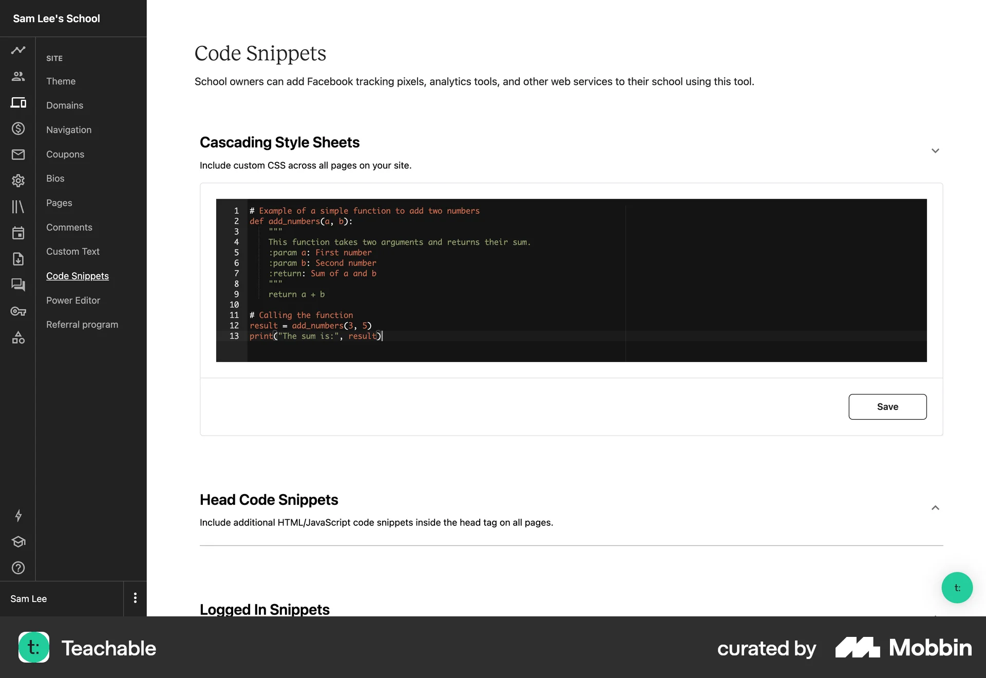 Teachable Web Code Editor screen