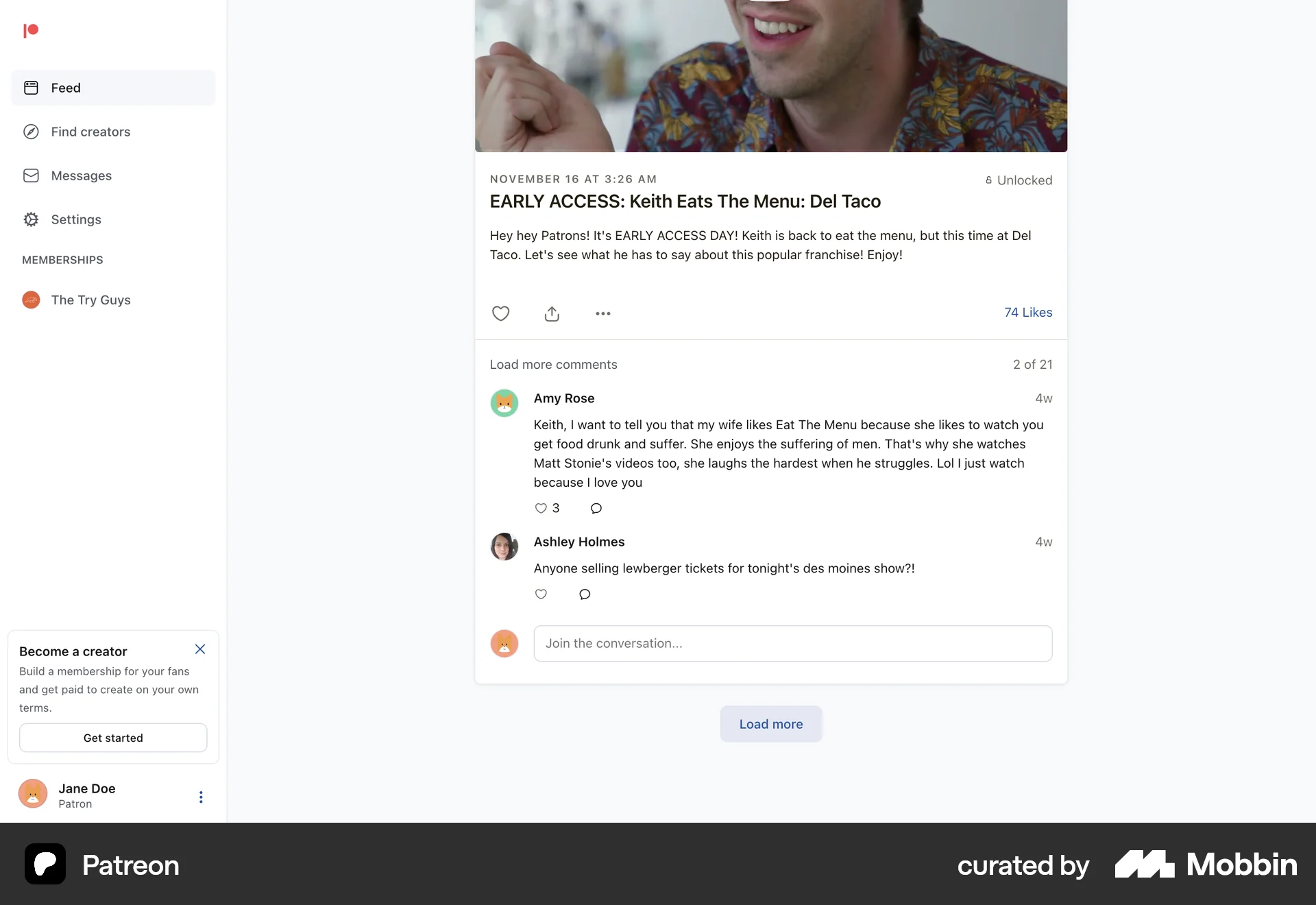 Patreon Web Social Feed screen