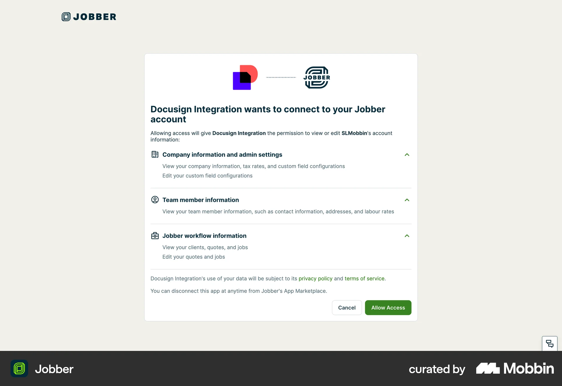 Jobber Web Permission screen