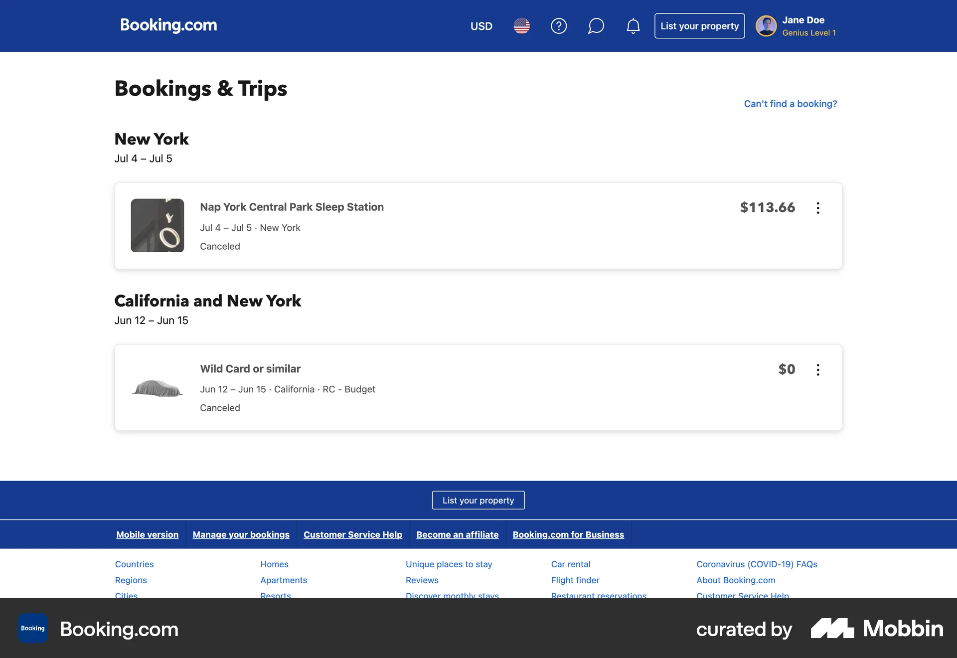 Booking.com Web Order History screen