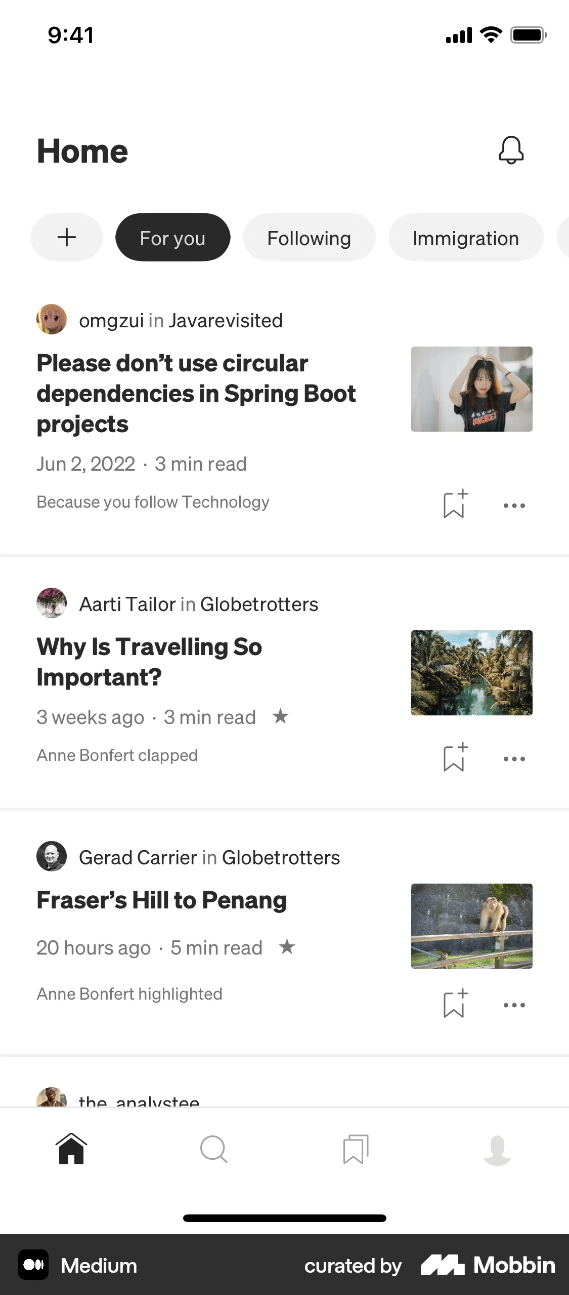 Medium iOS News Feed screen